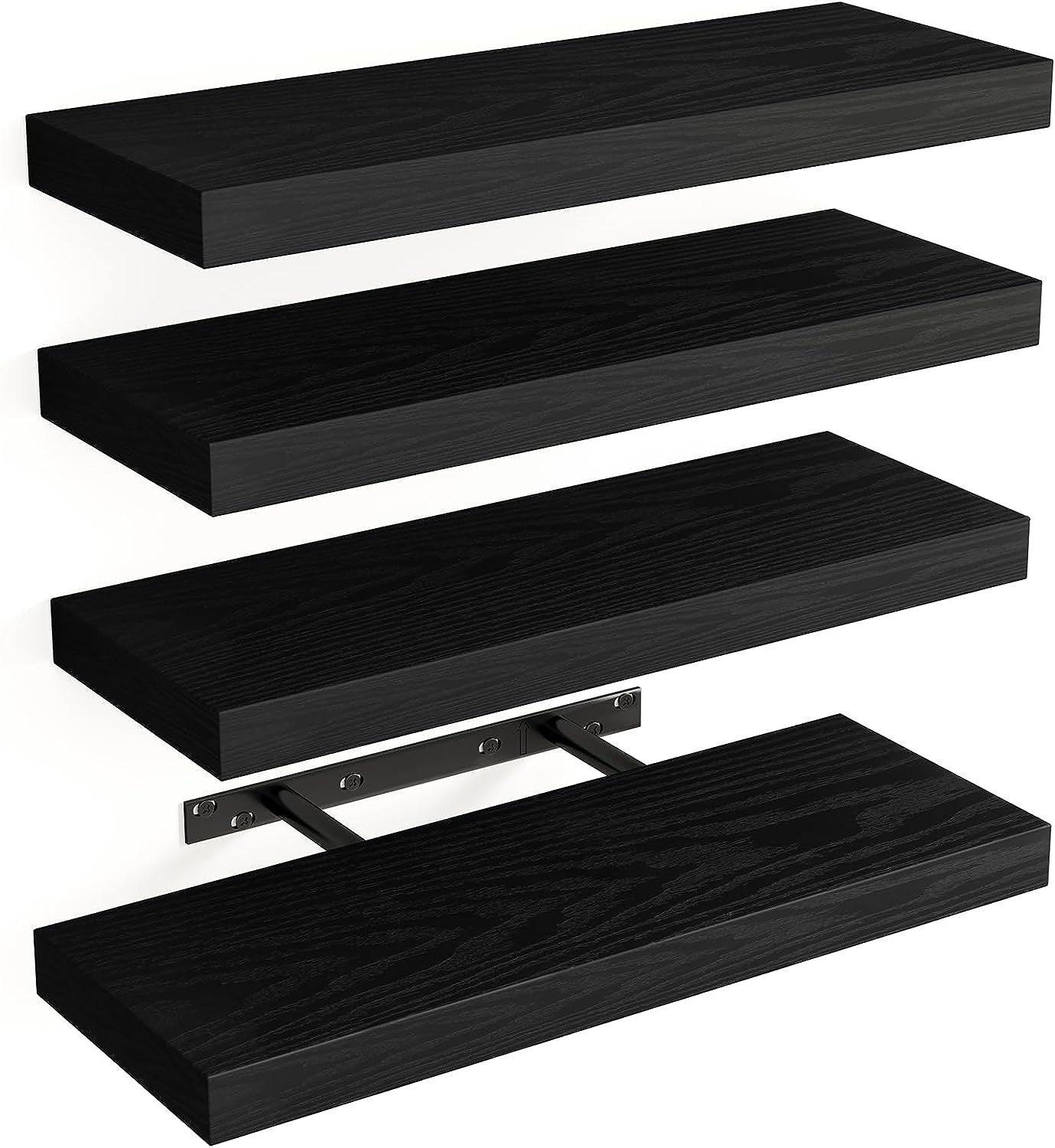 Stylish Rustic Floating Shelves - Set of 4 Black Wall-Mounted Wood Shelves for Home Decor, Storage, and Organization (15.8 Inch)