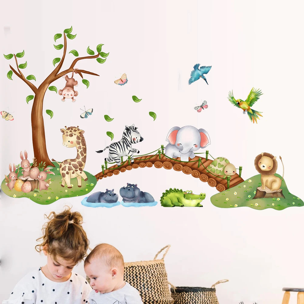 Cartoon Animal Elephant Zebra Giraffe Bridge Wall Sticker Waterproof PVC Children'S Room Kindergarten Home Decoration