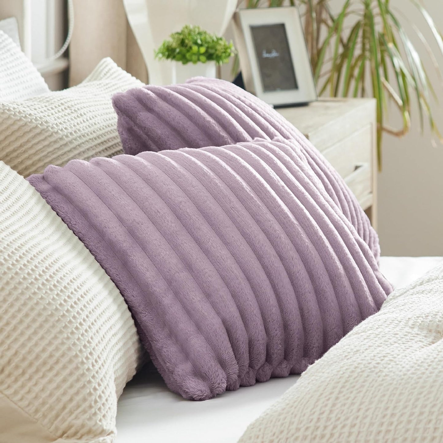 Light Purple Striped Throw Pillow Covers - Set of 2, 18x18 Soft & Cozy Cushions for Sofa, Couch, and Bed Decor