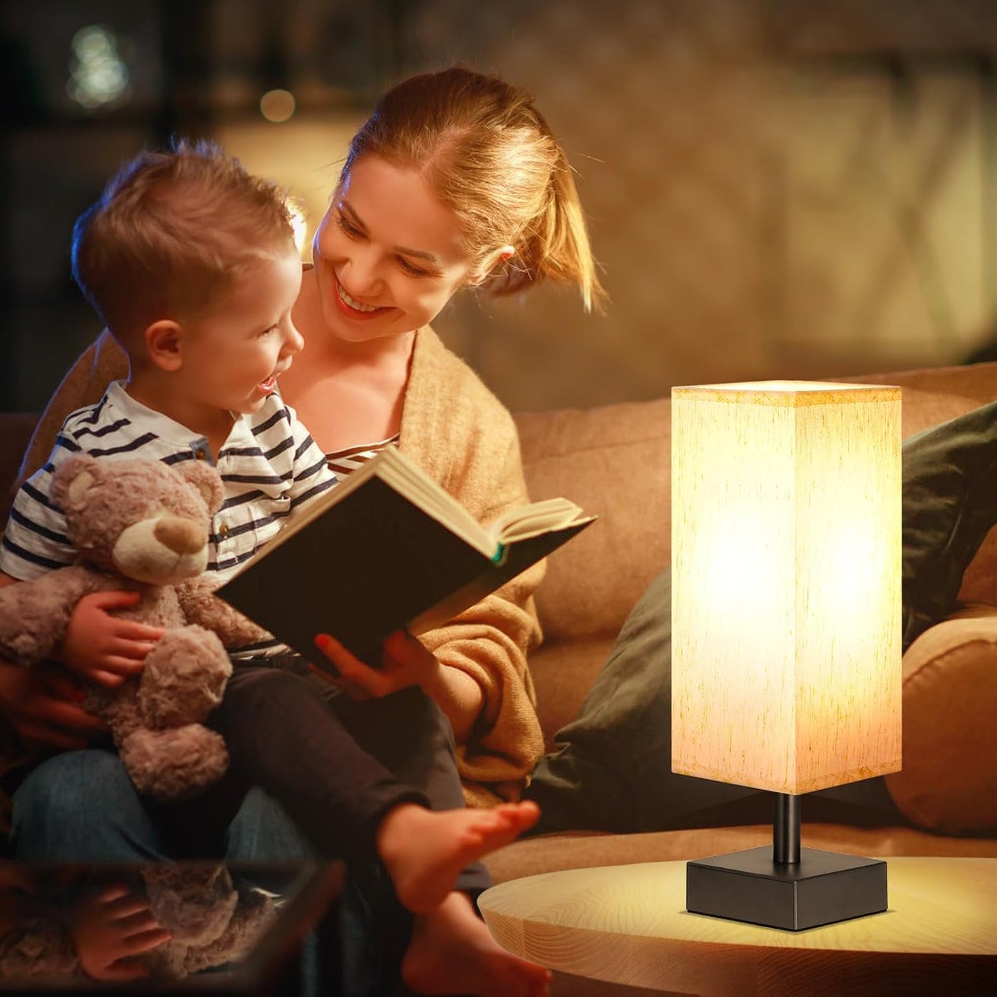 Minimalist Small Table Lamp - Stylish Bedside Light for Bedroom, Kids Room, and Office with Square Fabric Shade