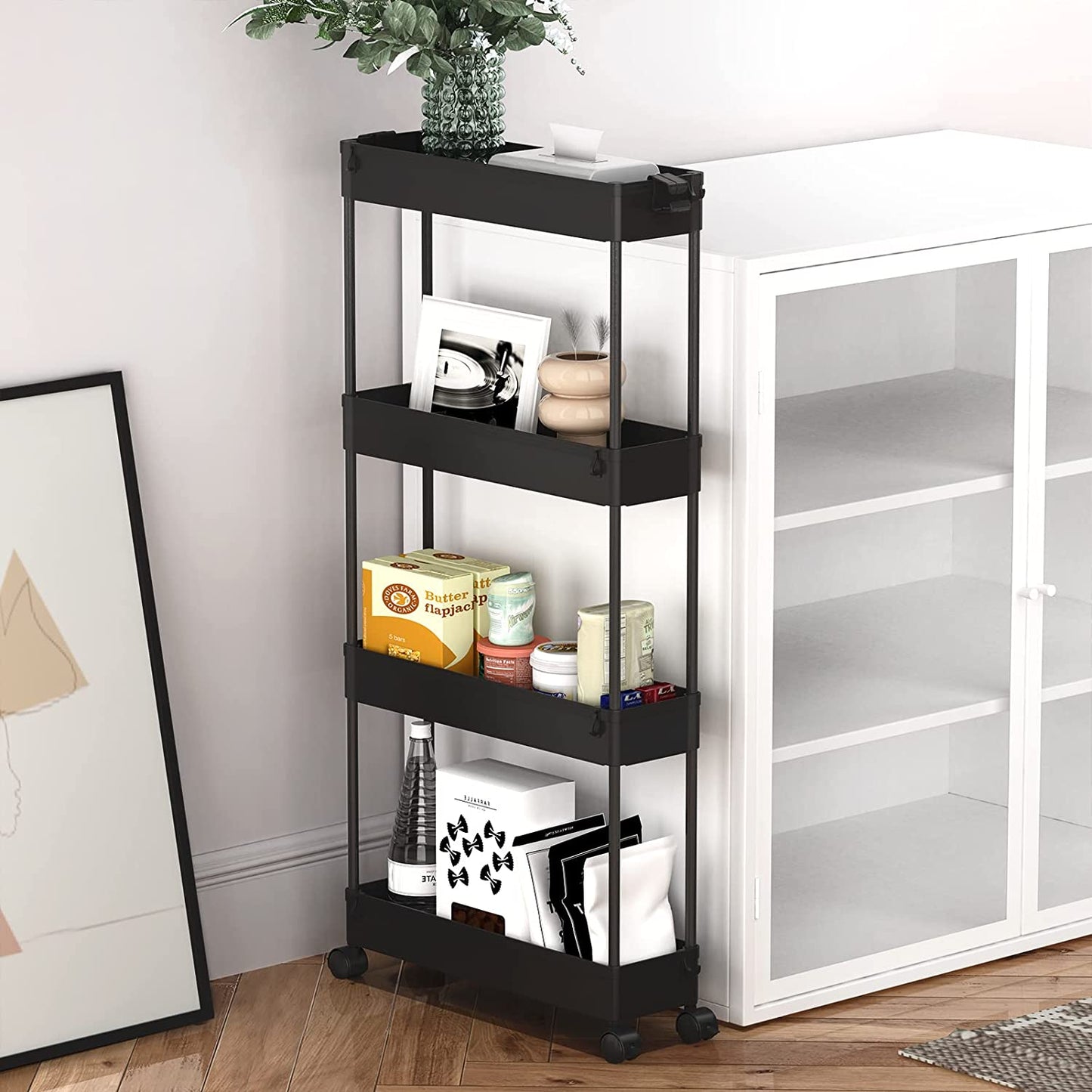 4-Tier Slim Storage Cart - Versatile Rolling Organizer for Bathroom, Kitchen, Office & Laundry Room - Perfect for Narrow Spaces - Sleek Black Design