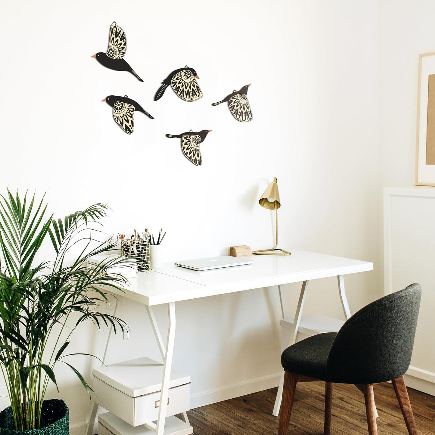 Elegant 5-Piece Wooden Bird Wall Art - Rustic Scandinavian Decor for Living Room, Bedroom, Kitchen, and Office (Black)