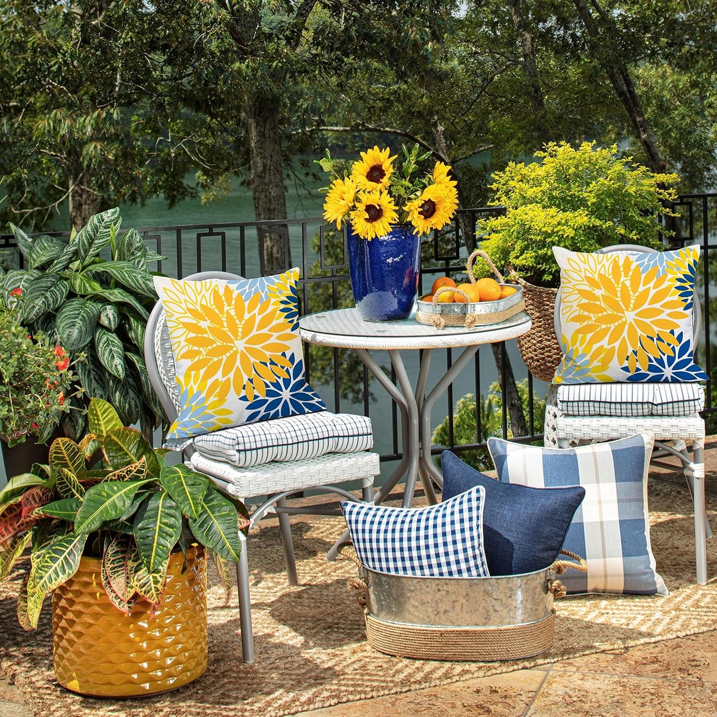 Vibrant Yellow & Blue Floral Pillow Covers - Set of 2, 18x18 Inch Waterproof Decor for Living Room, Sofa, and Patio Furniture