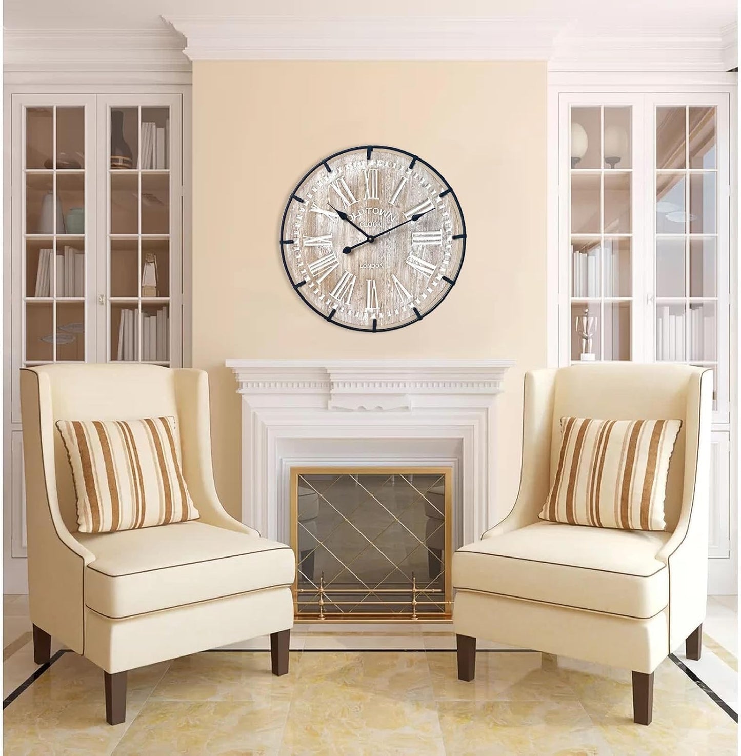 Rustic 24-Inch Farmhouse Wall Clock - Antique Wood & Metal Design with Large Engraved Numerals, Silent Battery Operated for Office, Kitchen, Bedroom & Living Room