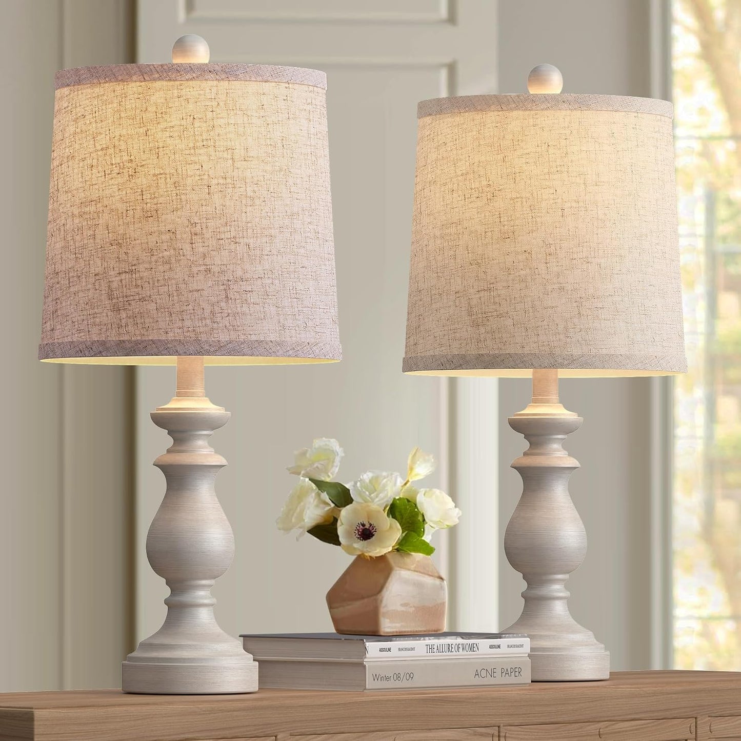 Rustic Farmhouse Table Lamp Set of 2 - 22" Vintage Nightstand Lamps with Linen Shades in Antique Grey for Living Room & Bedroom
