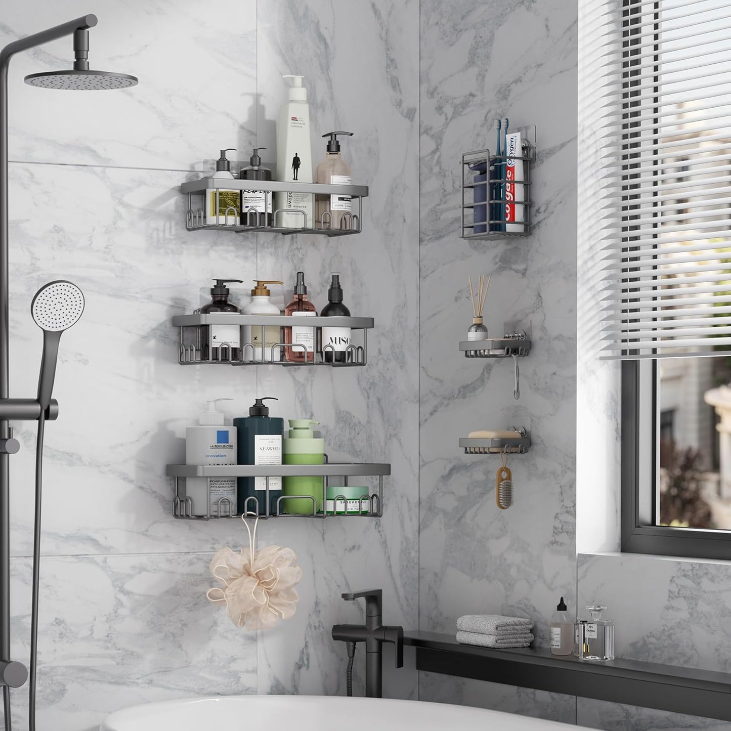 6-Pack Rustproof & Waterproof Shower Caddy - No-Drill Adhesive Shelves for Bathroom, Dorm & Apartment Organization - Stylish Light Grey Design