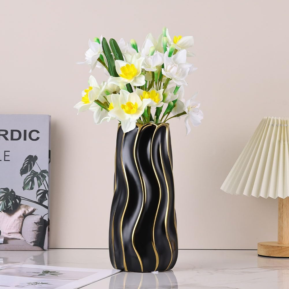 Elegant 7.5" Black Ceramic Vase - Stylish Minimalist Gold Accents, Perfect for Pampas Grass, Boho Home Decor, Weddings, and Gift Giving
