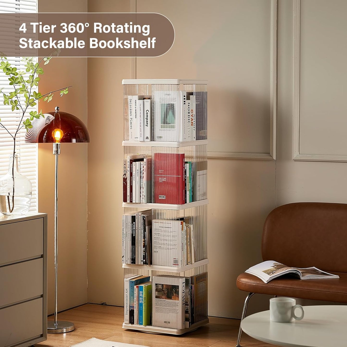 Compact 4-Tier Rotating Bookshelf - Perfect Corner Organizer for Small Spaces, 360-Degree Display Bookcase for Bedroom and Living Room