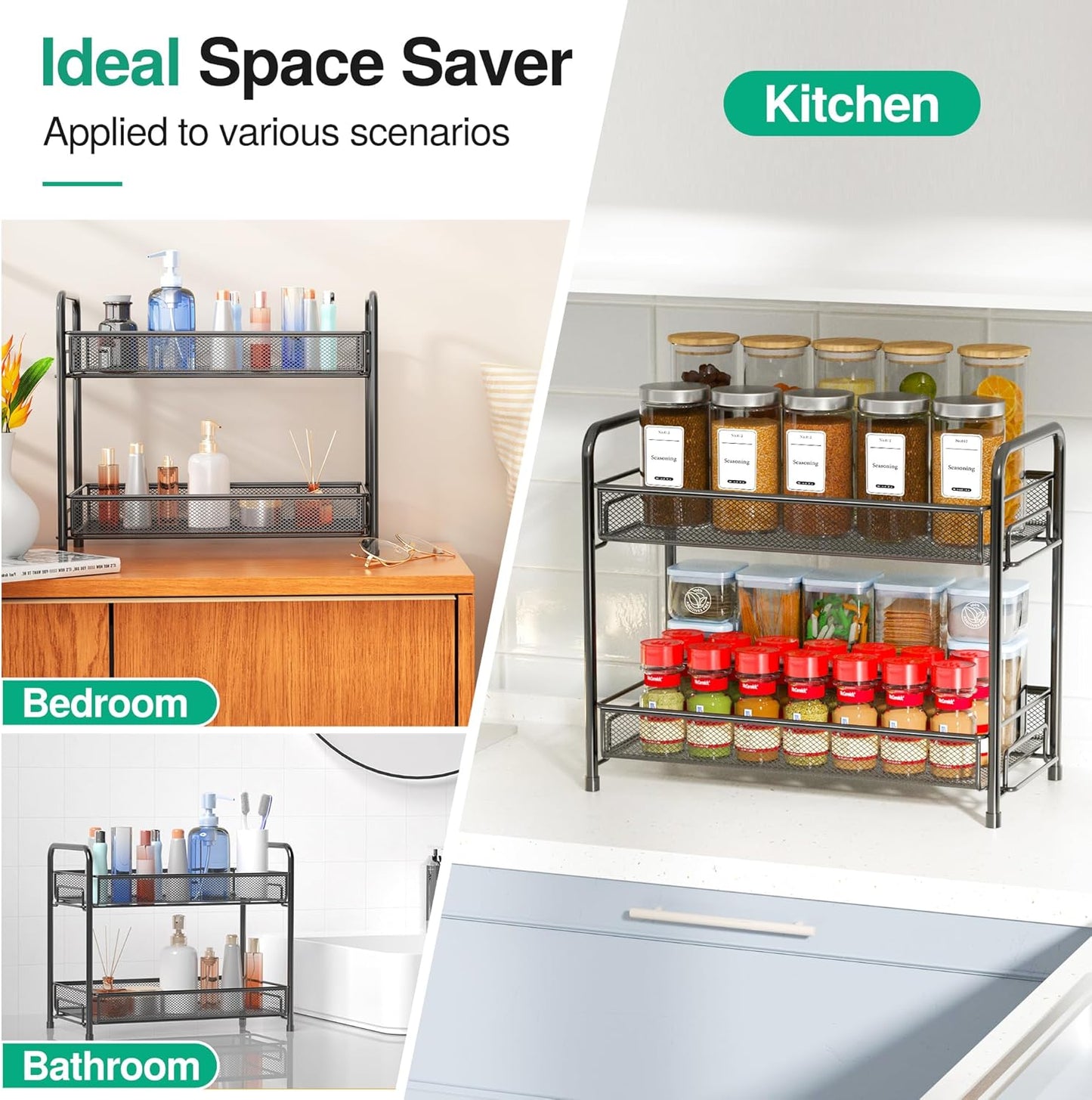 2-Tier Foldable Spice Rack Organizer - Rust-Proof Metal Seasoning Shelf with Guardrail & Mesh Design for Kitchen, Bathroom, Living Room, and Pantry - Sleek Black Finish