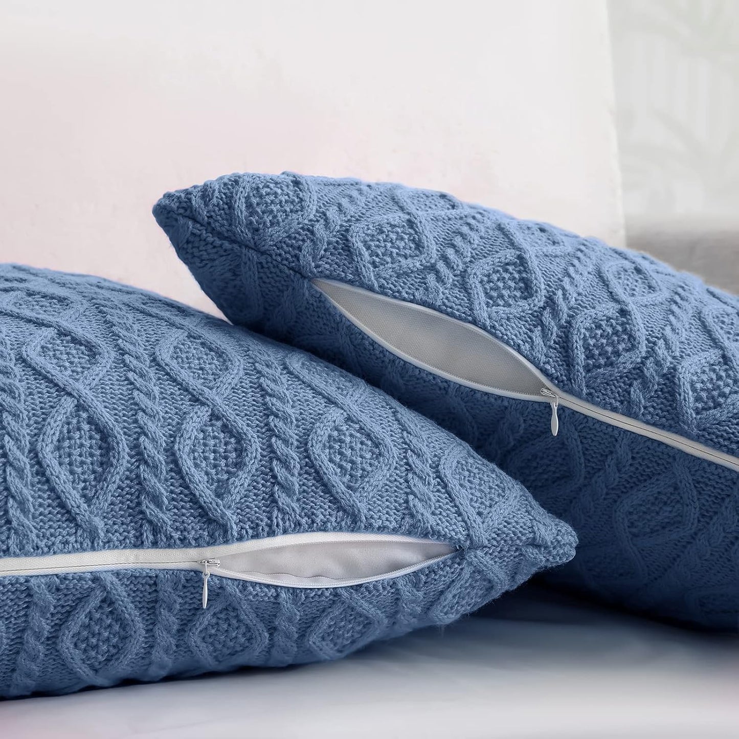 Cozy Dusty Blue Cable Knit Throw Blanket & Pillow Set - Soft Decorative Couch & Bed Essentials (50"x60" Blanket + 2 Pillow Covers)