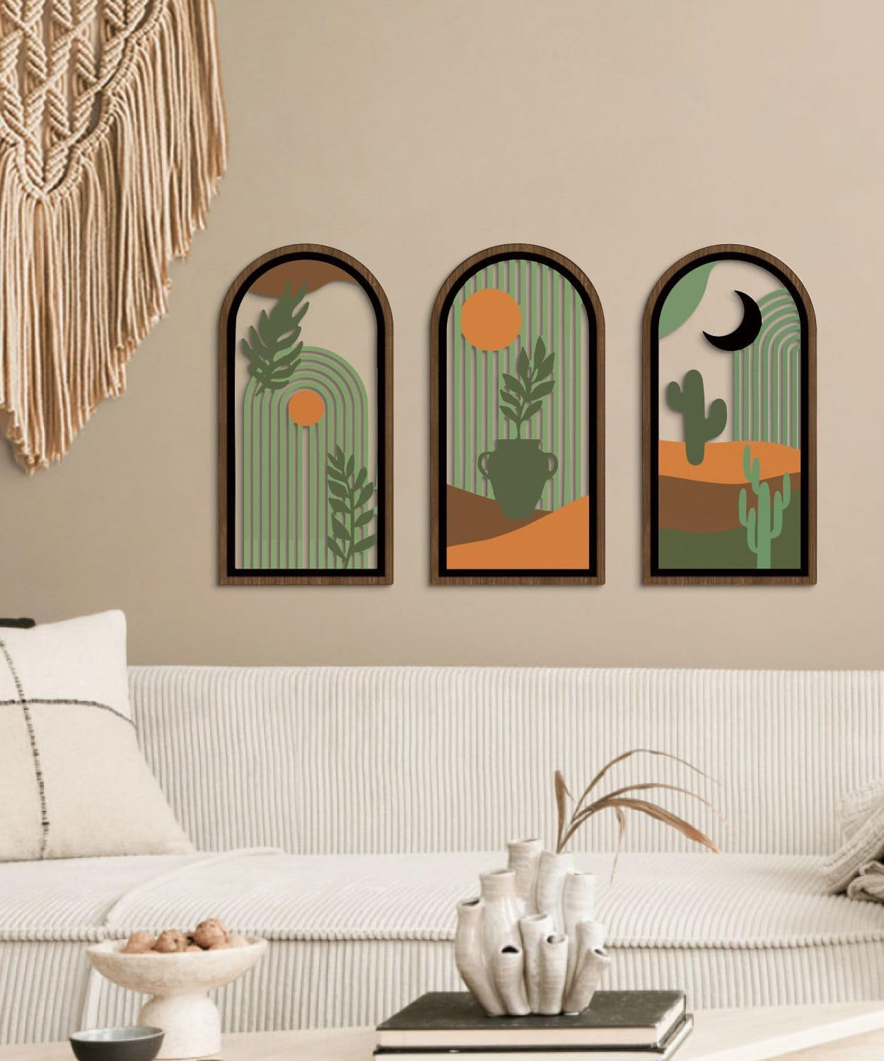 Chic Boho Cactus Wall Art Set - Modern Minimalist Decor for Living Room, Bedroom & Office - 16x8 Mid Century Green Abstract Prints (Set of 3)