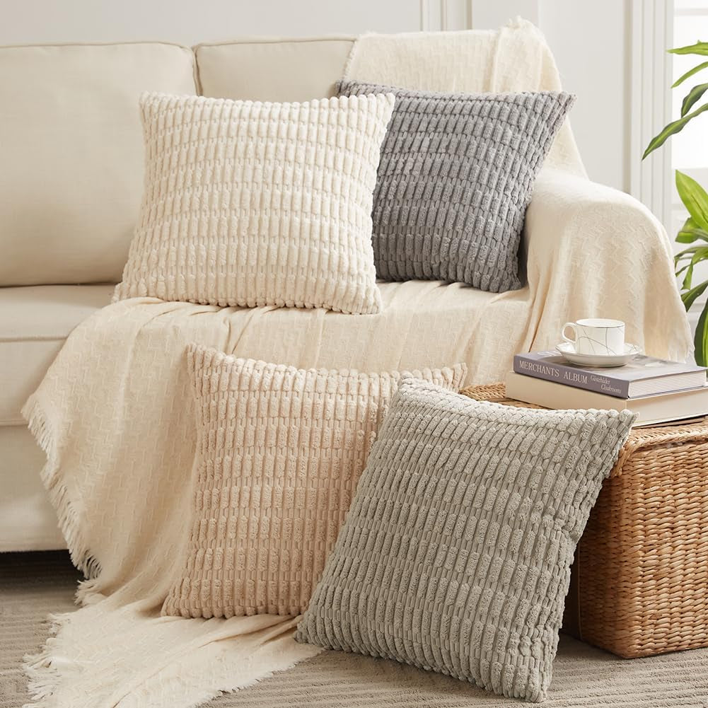 Chic 4-Pack Neutral Decorative Throw Pillow Covers - 18x18 Inch Soft Plush Striped Corduroy Cushion Cases for Rustic Farmhouse Boho Home Decor