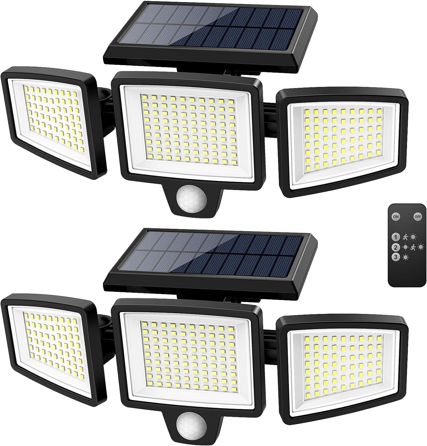 2500LM Solar Outdoor Security Lights - 210 LED Motion Sensor Flood Lights with Remote Control, 3 Adjustable Heads, IP65 Waterproof, 270° Wide Angle, 3 Modes (2 Pack)