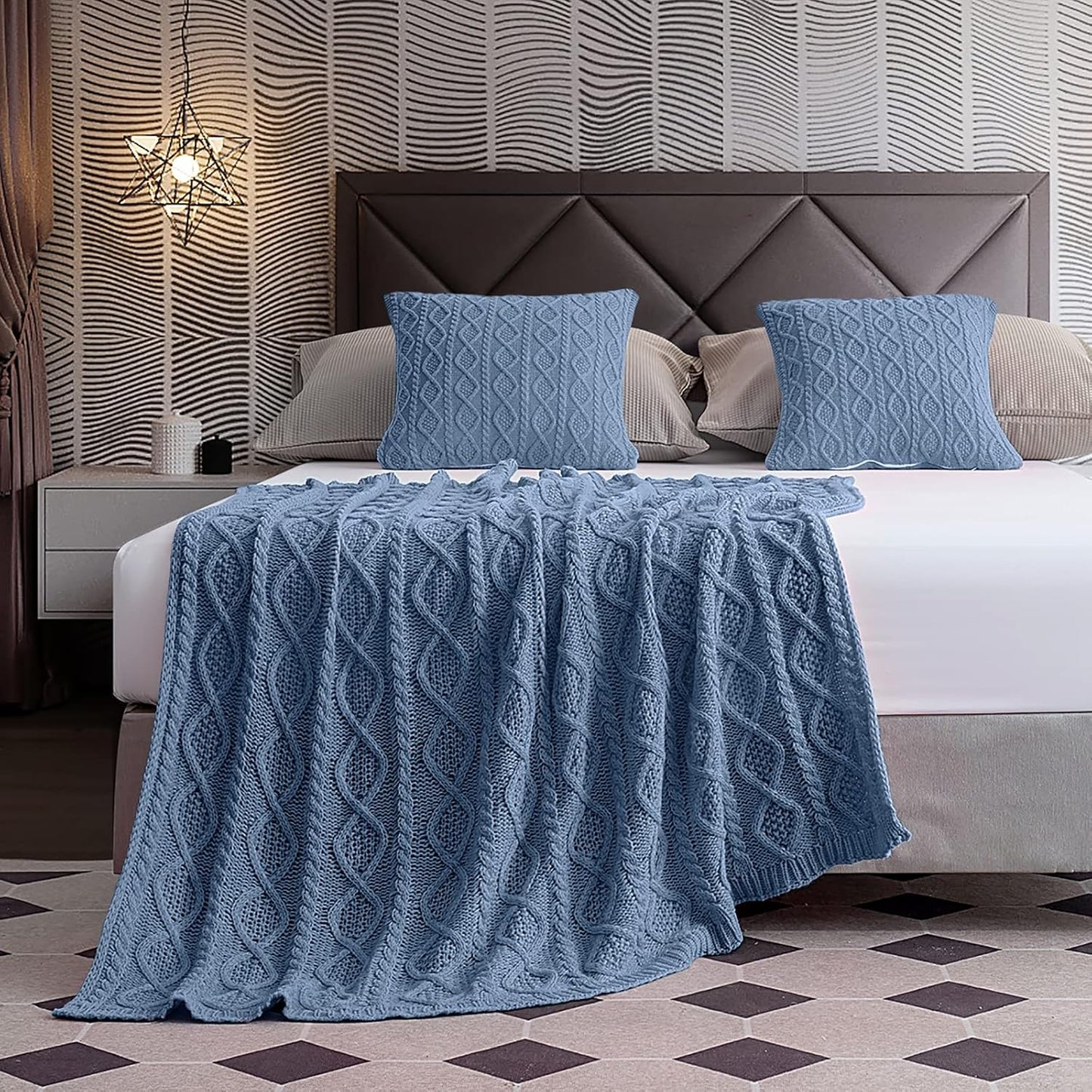 Cozy Dusty Blue Cable Knit Throw Blanket & Pillow Set - Soft Decorative Couch & Bed Essentials (50"x60" Blanket + 2 Pillow Covers)