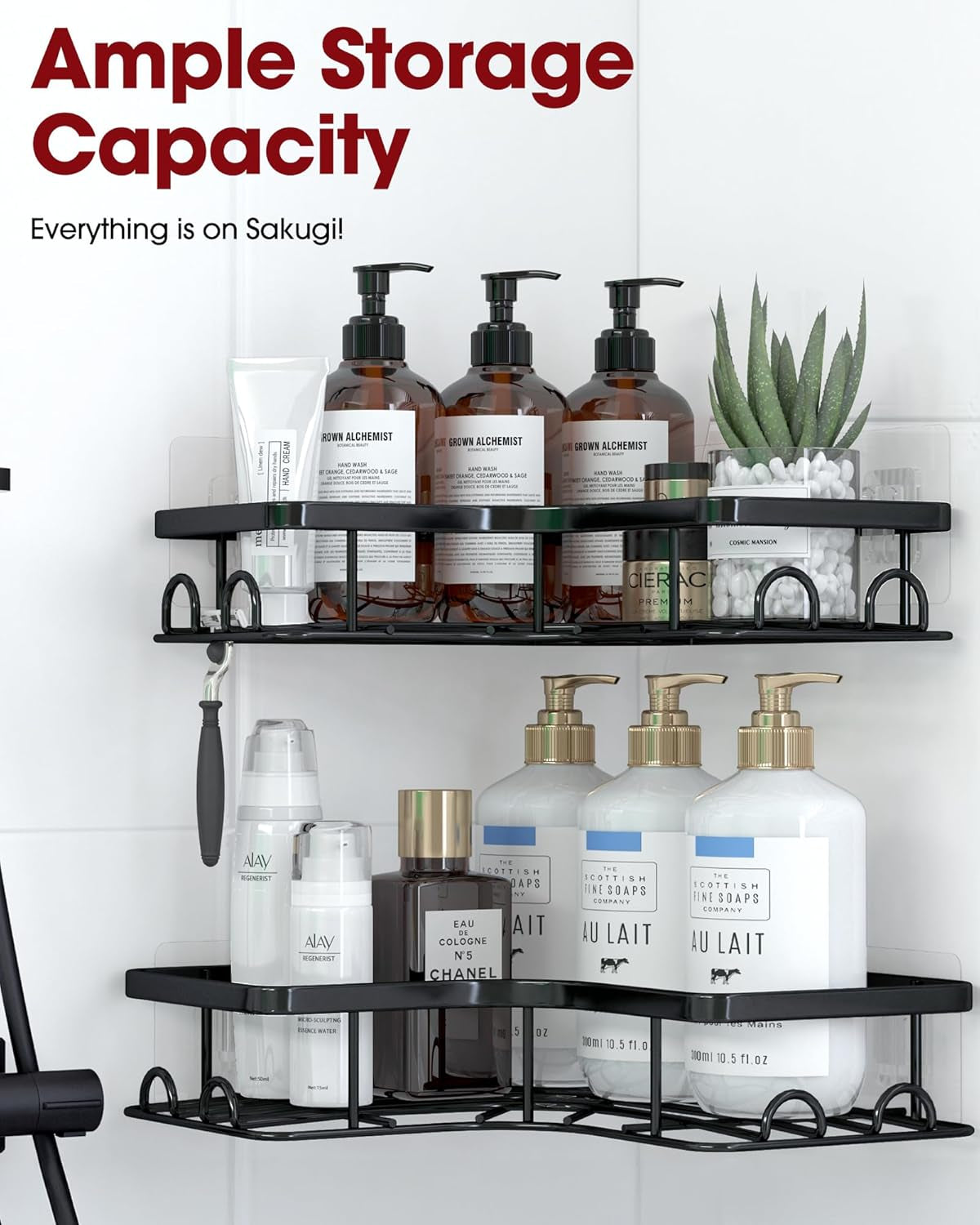 Space-Saving Corner Shower Caddy - 2 Pack, Rustproof Stainless Steel Shelves with 8 Hooks, No Drilling Bathroom Organizers in Black