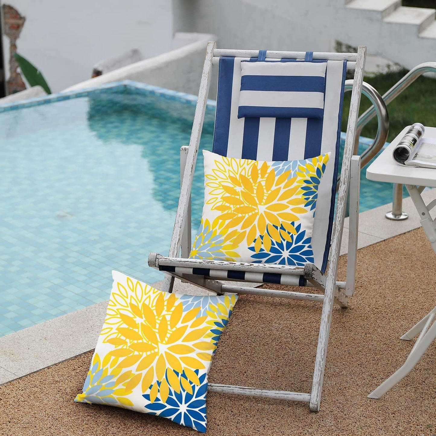 Vibrant Yellow & Blue Floral Pillow Covers - Set of 2, 18x18 Inch Waterproof Decor for Living Room, Sofa, and Patio Furniture