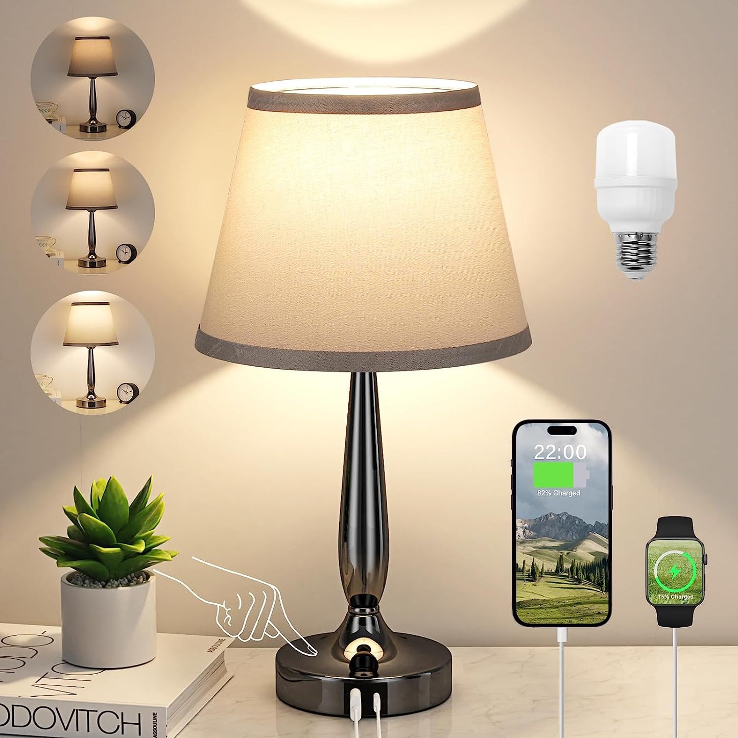 Touch Control Table Lamp with USB-C Charging, 3-Way Dimmable Nightstand Light for Bedroom, Living Room & Office - LED Bulb Included
