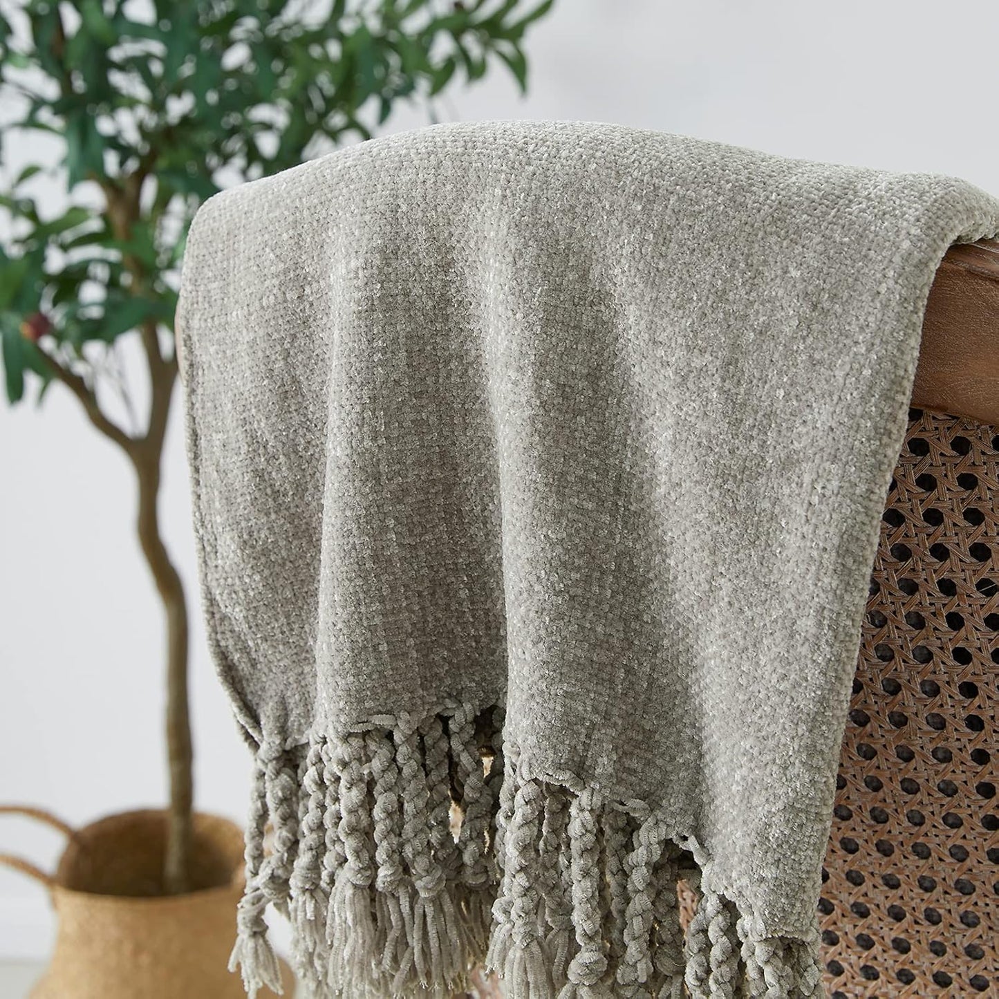 Luxurious Chenille Fluffy Throw Blanket with Decorative Fringe - Perfect for Couch, Sofa, or Chair (50x60 Inches, Grey)