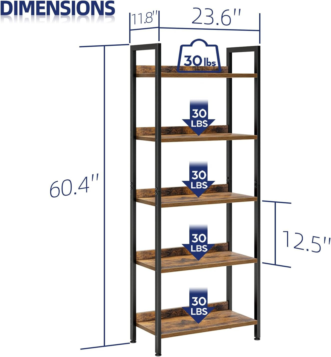 Vintage 5-Tier Bookshelf - Stylish Home Office & Living Room Storage Organizer