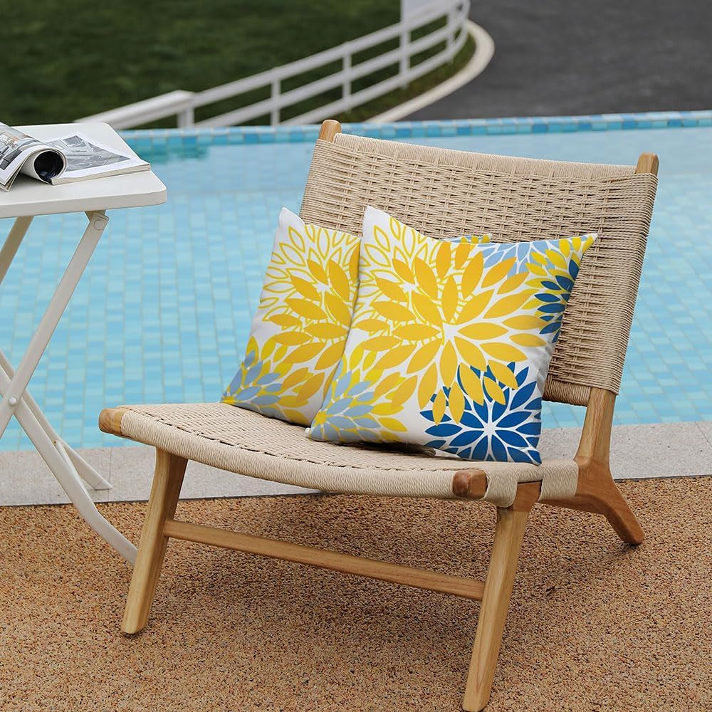 Vibrant Yellow & Blue Floral Pillow Covers - Set of 2, 18x18 Inch Waterproof Decor for Living Room, Sofa, and Patio Furniture
