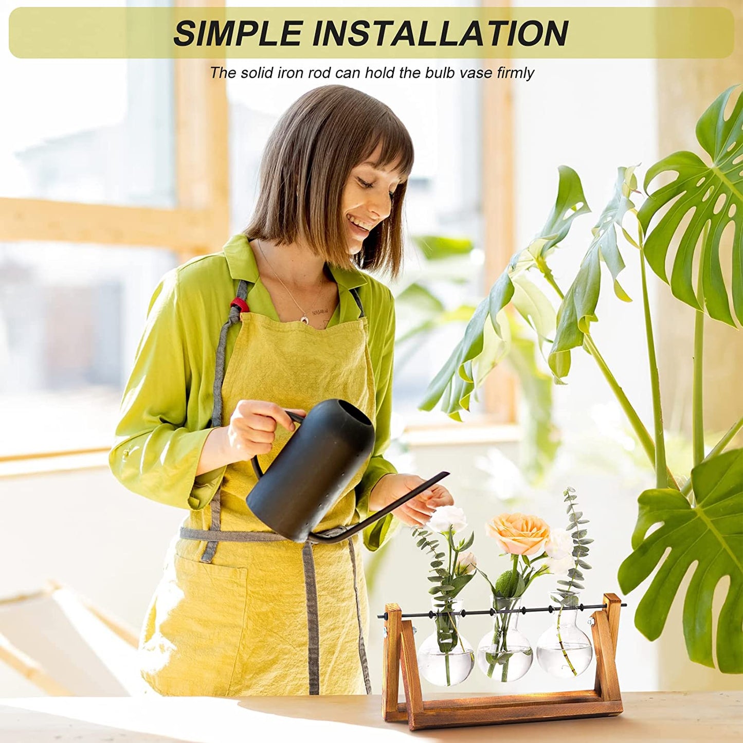 Elegant Plant Terrarium with Wooden Stand - 3 Bulb Glass Vase for Hydroponics & Home Decor