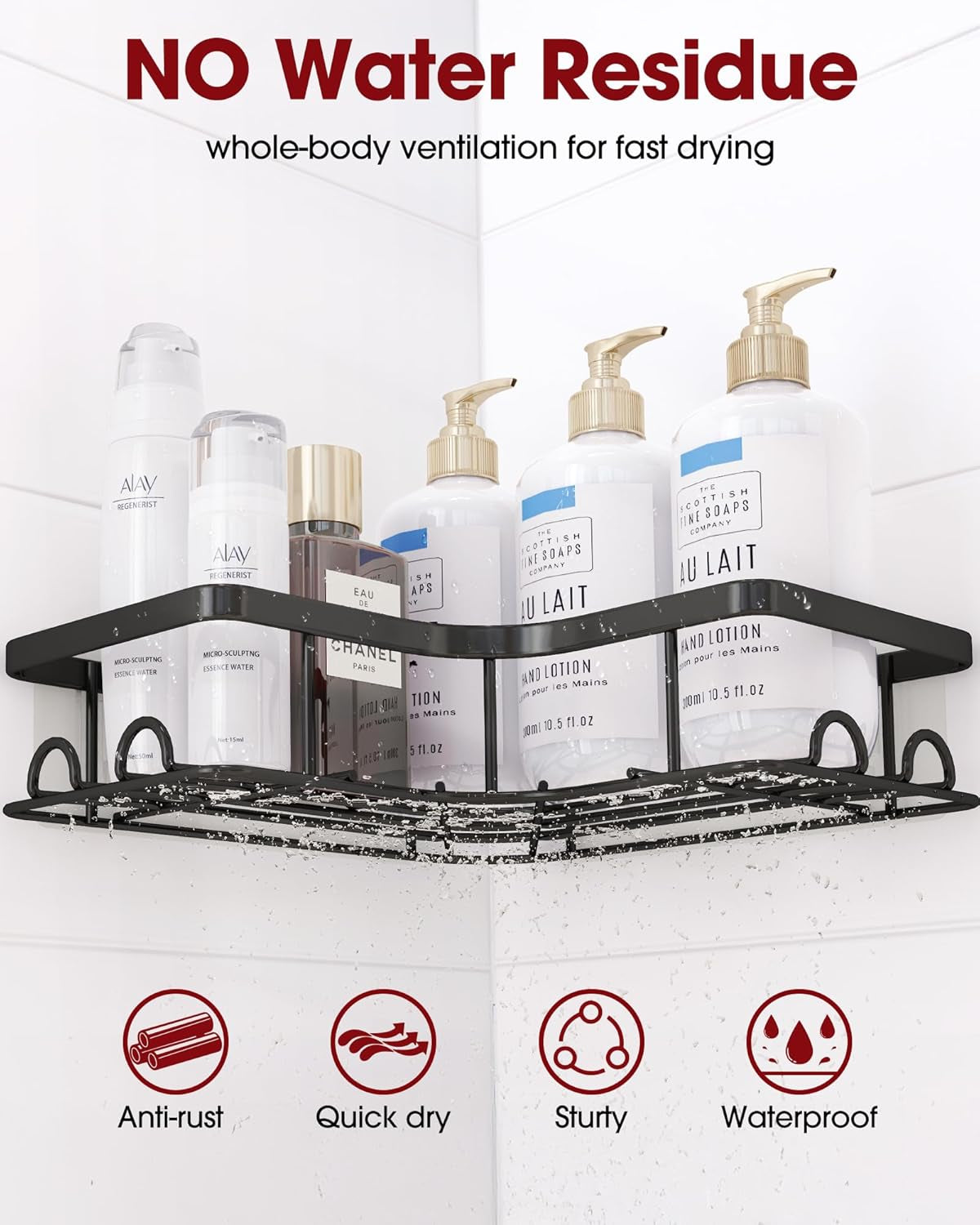 Space-Saving Corner Shower Caddy - 2 Pack, Rustproof Stainless Steel Shelves with 8 Hooks, No Drilling Bathroom Organizers in Black