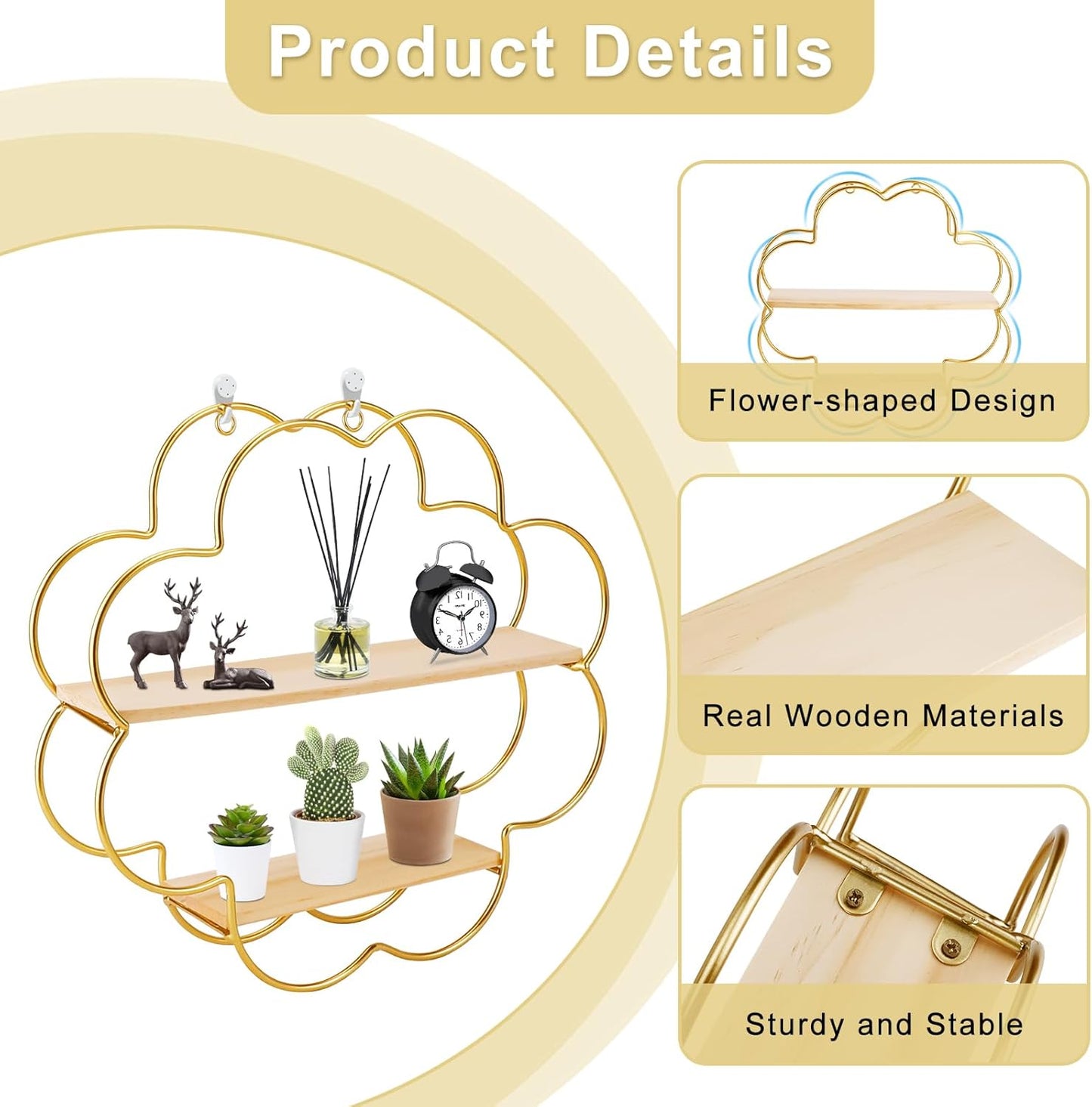Elegant Gold Flower Floating Wall Shelf - Modern Iron Display Organizer for Bedroom, Nursery, and Living Room Decor