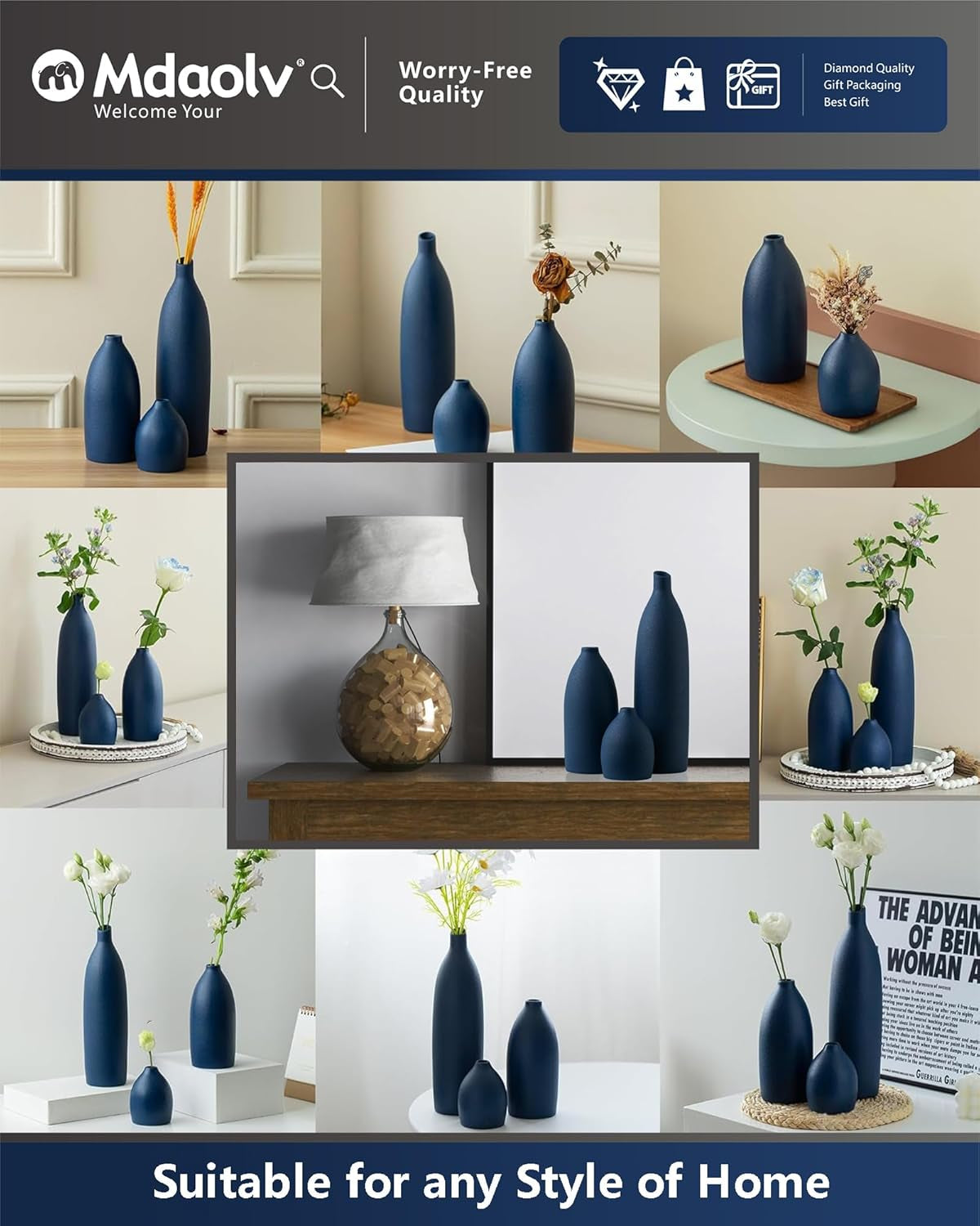 Elegant Matte Blue Vase Set - Coastal Decor for Kitchen, Living Room, Office, and Bathroom Centerpieces - Stylish Ceramic Vases for Table and Mantle Decorations