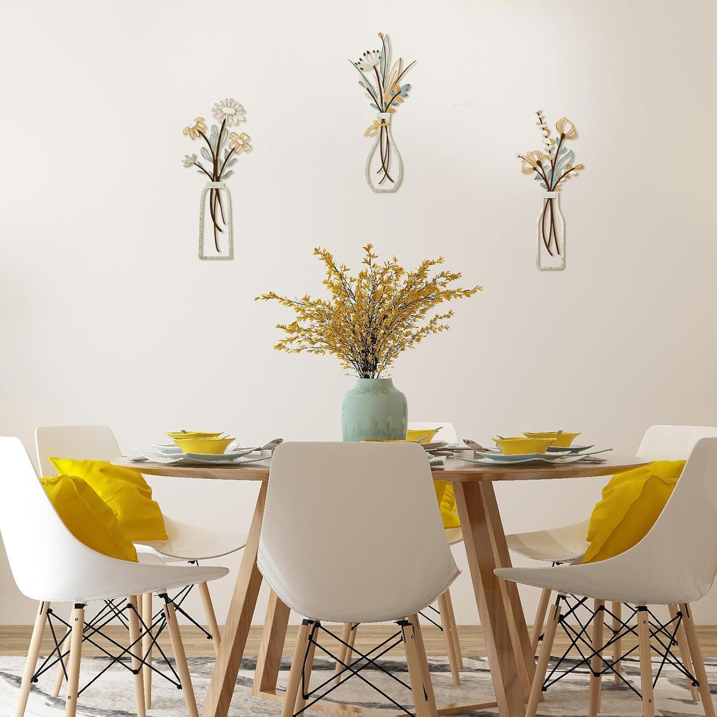 Chic Rustic Metal Flower Wall Art Set - 3 Pieces Beige Minimalist Decor for Living Room, Bathroom, Bedroom, Dining Room - Perfect Housewarming Gift!