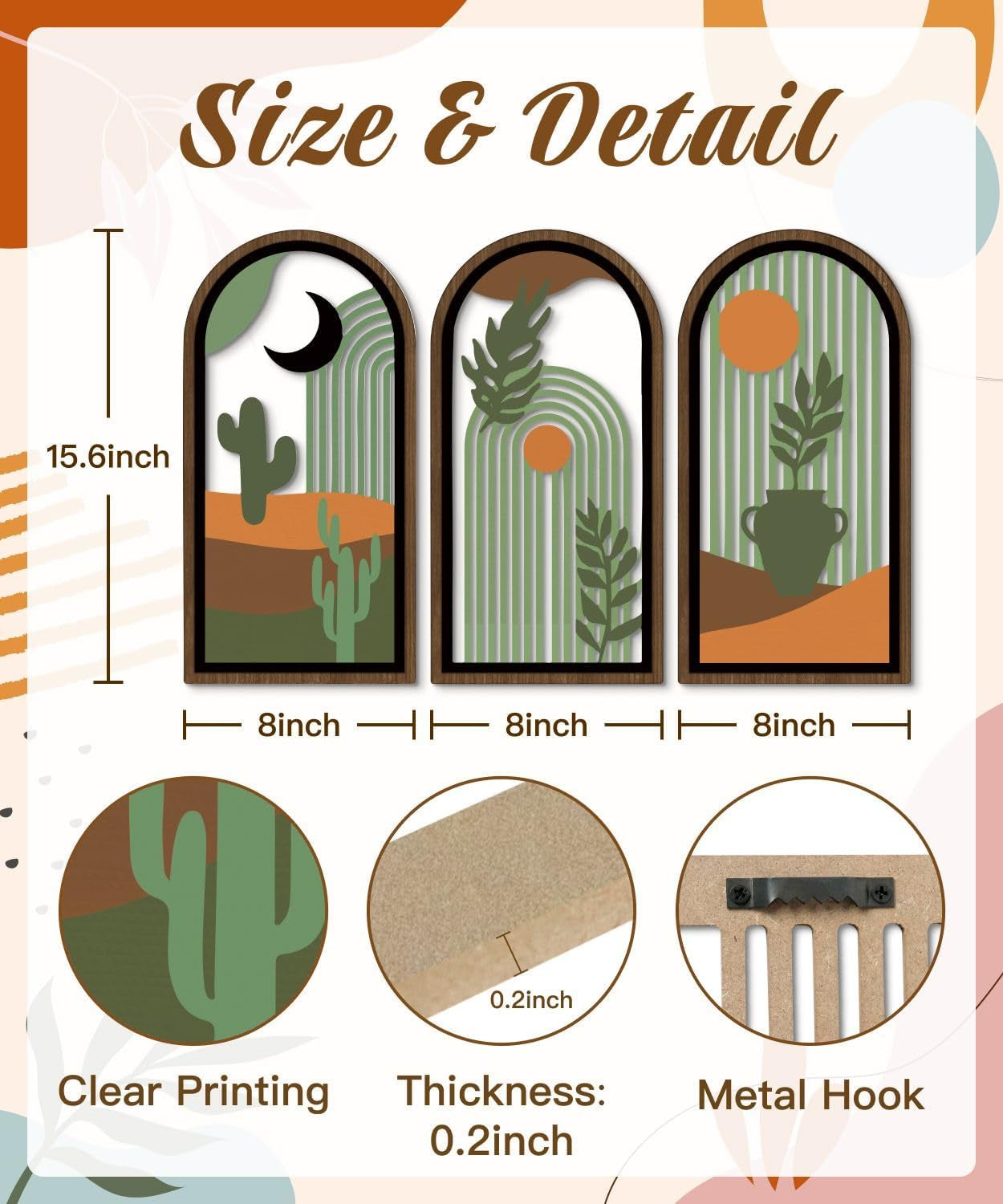 Chic Boho Cactus Wall Art Set - Modern Minimalist Decor for Living Room, Bedroom & Office - 16x8 Mid Century Green Abstract Prints (Set of 3)