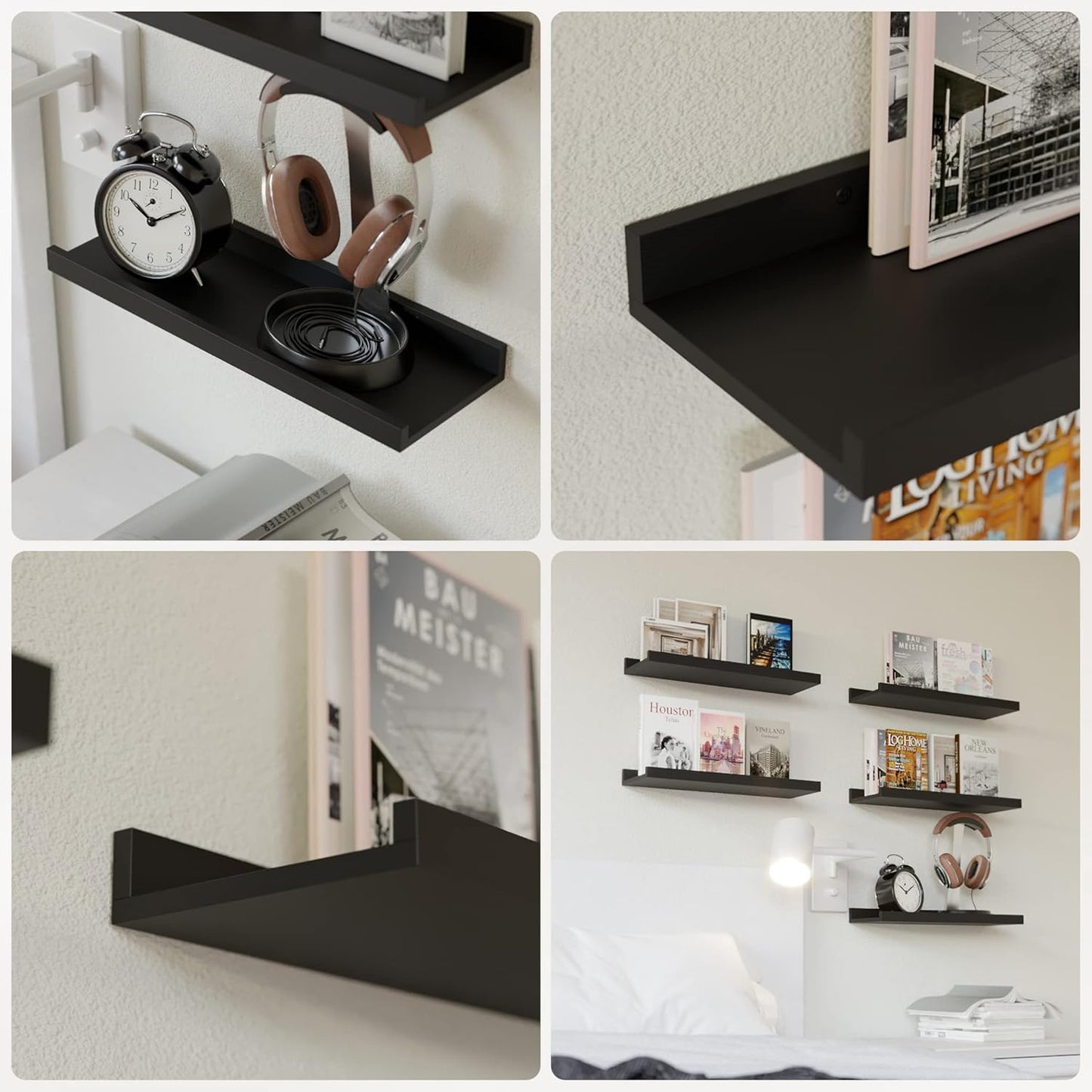 5-Piece Black Floating Wall Shelves - Stylish Picture Ledge for Nursery, Bedroom, Living Room & Bathroom Storage