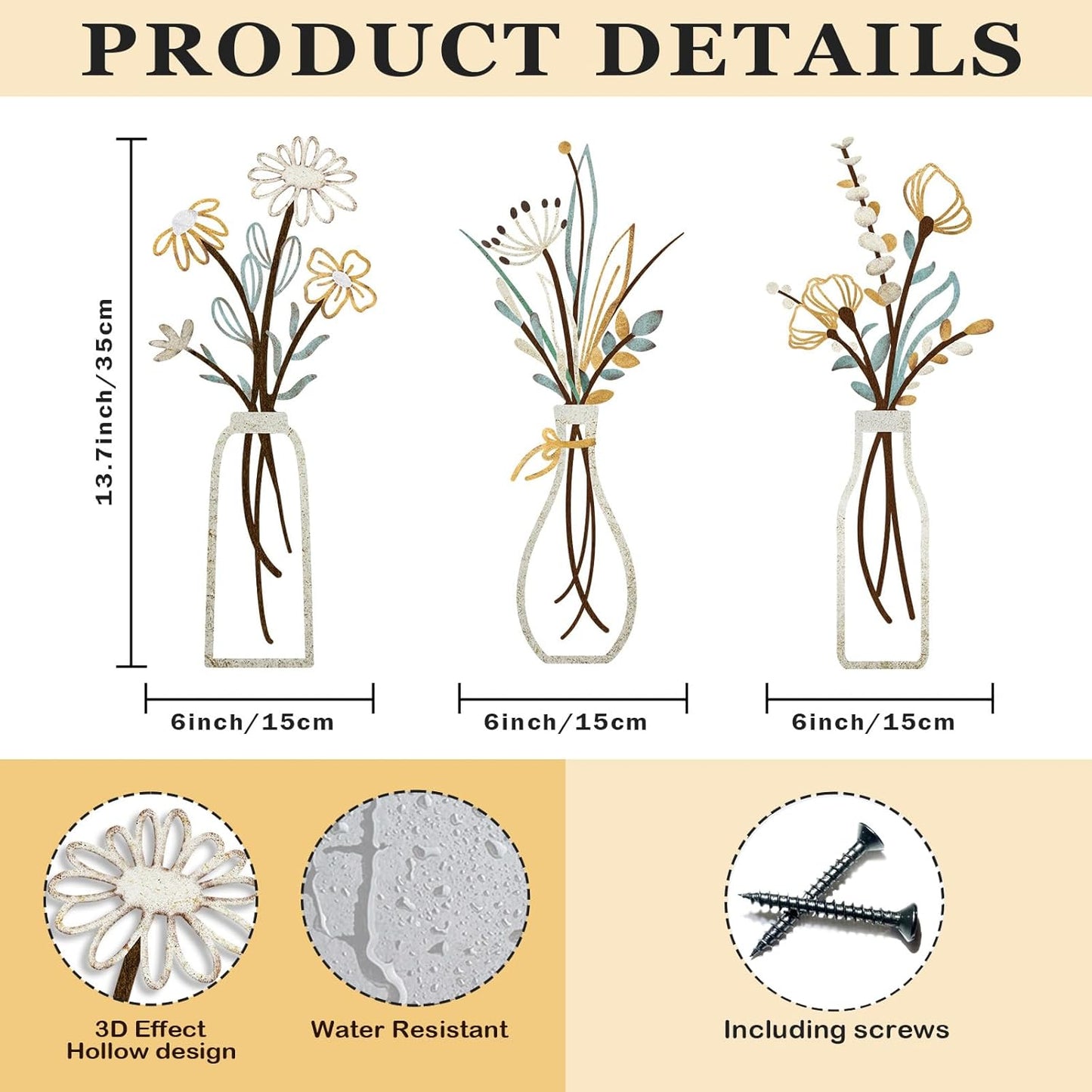 Chic Rustic Metal Flower Wall Art Set - 3 Pieces Beige Minimalist Decor for Living Room, Bathroom, Bedroom, Dining Room - Perfect Housewarming Gift!