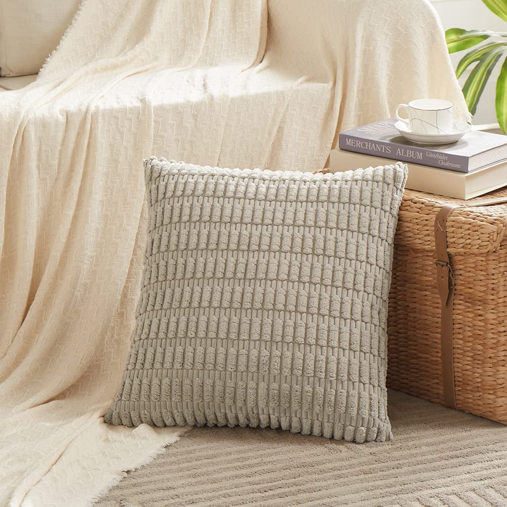 Chic 4-Pack Neutral Decorative Throw Pillow Covers - 18x18 Inch Soft Plush Striped Corduroy Cushion Cases for Rustic Farmhouse Boho Home Decor