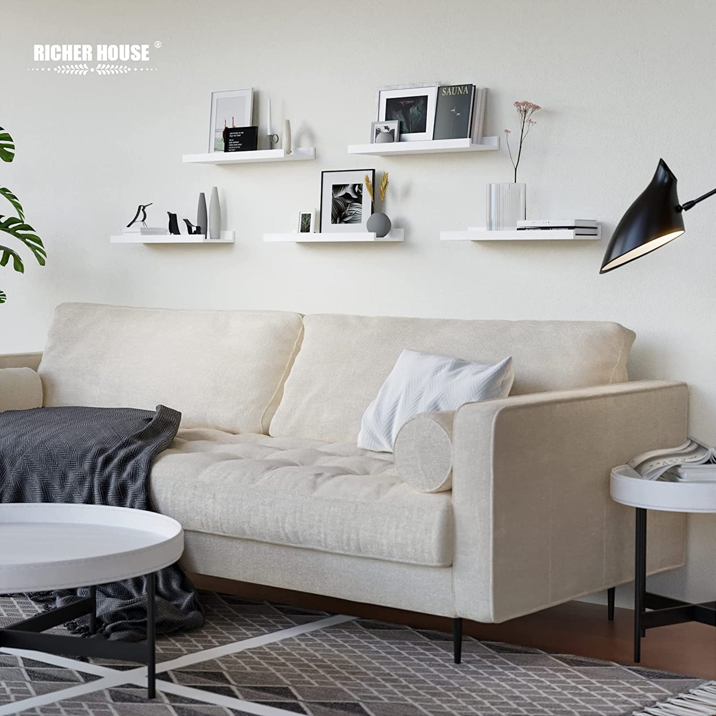 5-Piece White Floating Shelves Set - Stylish Wall-Mounted Picture Ledge for Nursery, Bedroom, Living Room, and Bathroom Decor