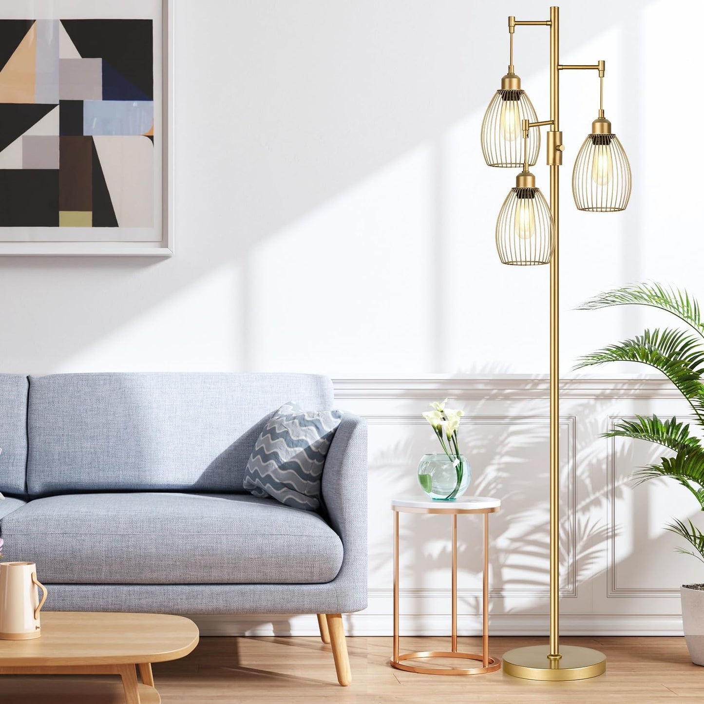Elegant Dimmable Gold Tree Floor Lamp with Teardrop Cage Heads - 800 Lumens LED Lighting for Living Room and Bedroom