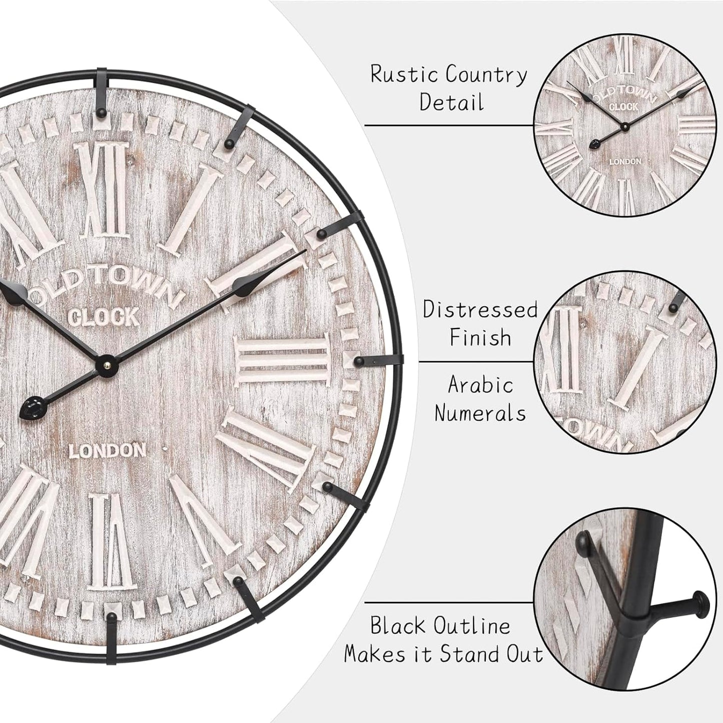 Rustic 24-Inch Farmhouse Wall Clock - Antique Wood & Metal Design with Large Engraved Numerals, Silent Battery Operated for Office, Kitchen, Bedroom & Living Room