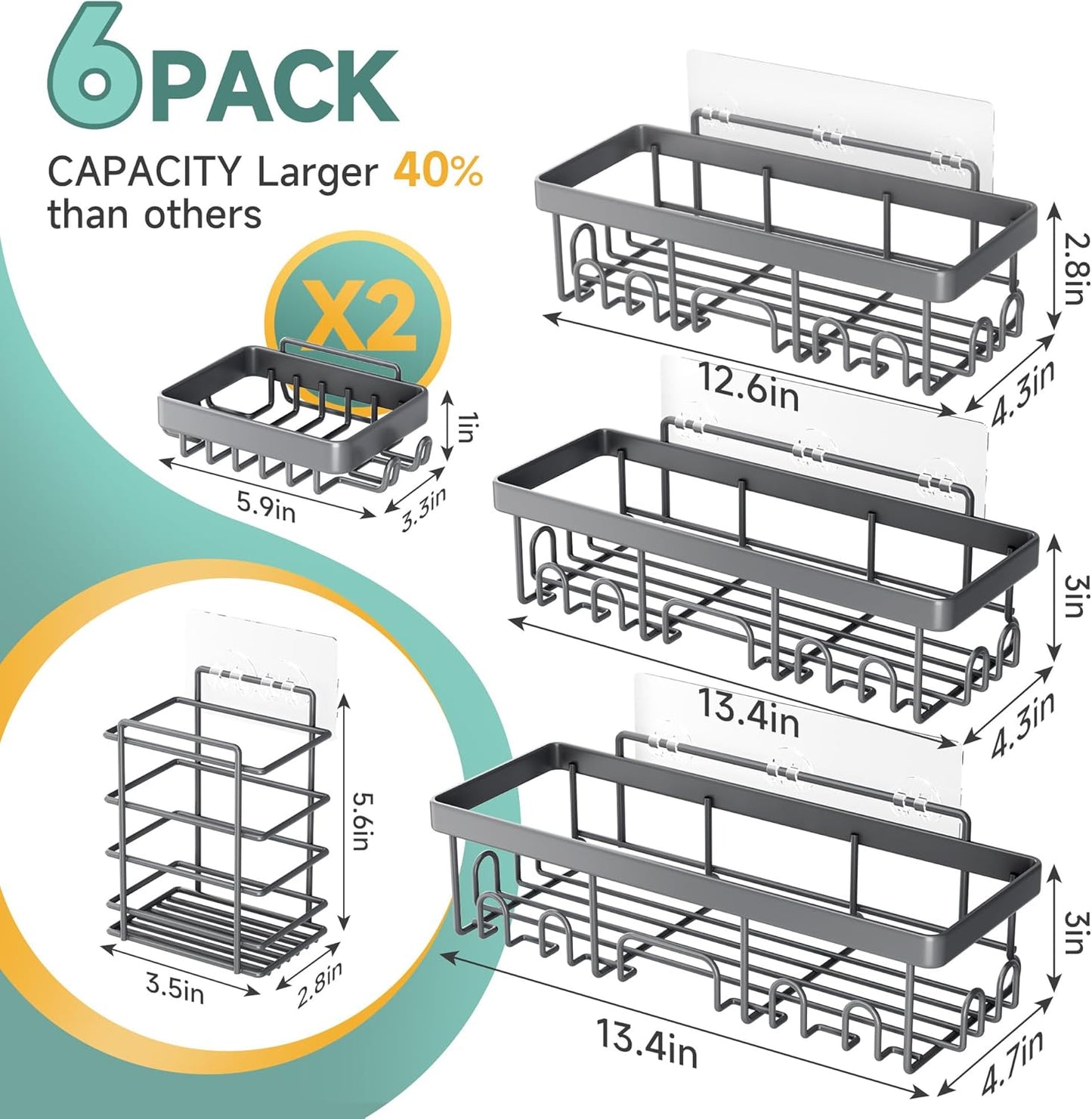6-Pack Rustproof & Waterproof Shower Caddy - No-Drill Adhesive Shelves for Bathroom, Dorm & Apartment Organization - Stylish Light Grey Design