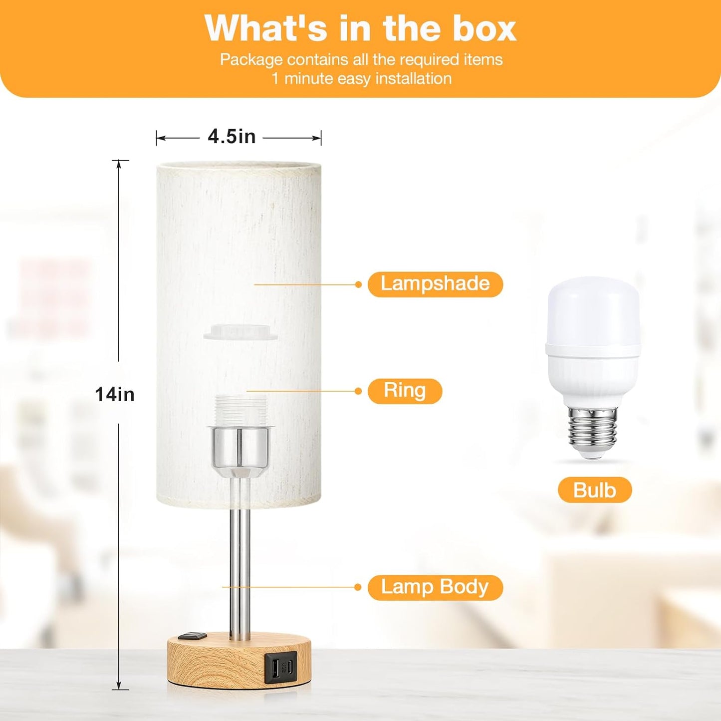 Elegant 3-Way Dimmable Touch Bedside Table Lamp with USB-C Charging and AC Outlet - Perfect for Bedroom, Living Room & Desk - Includes LED Bulb and Stylish Wood Base