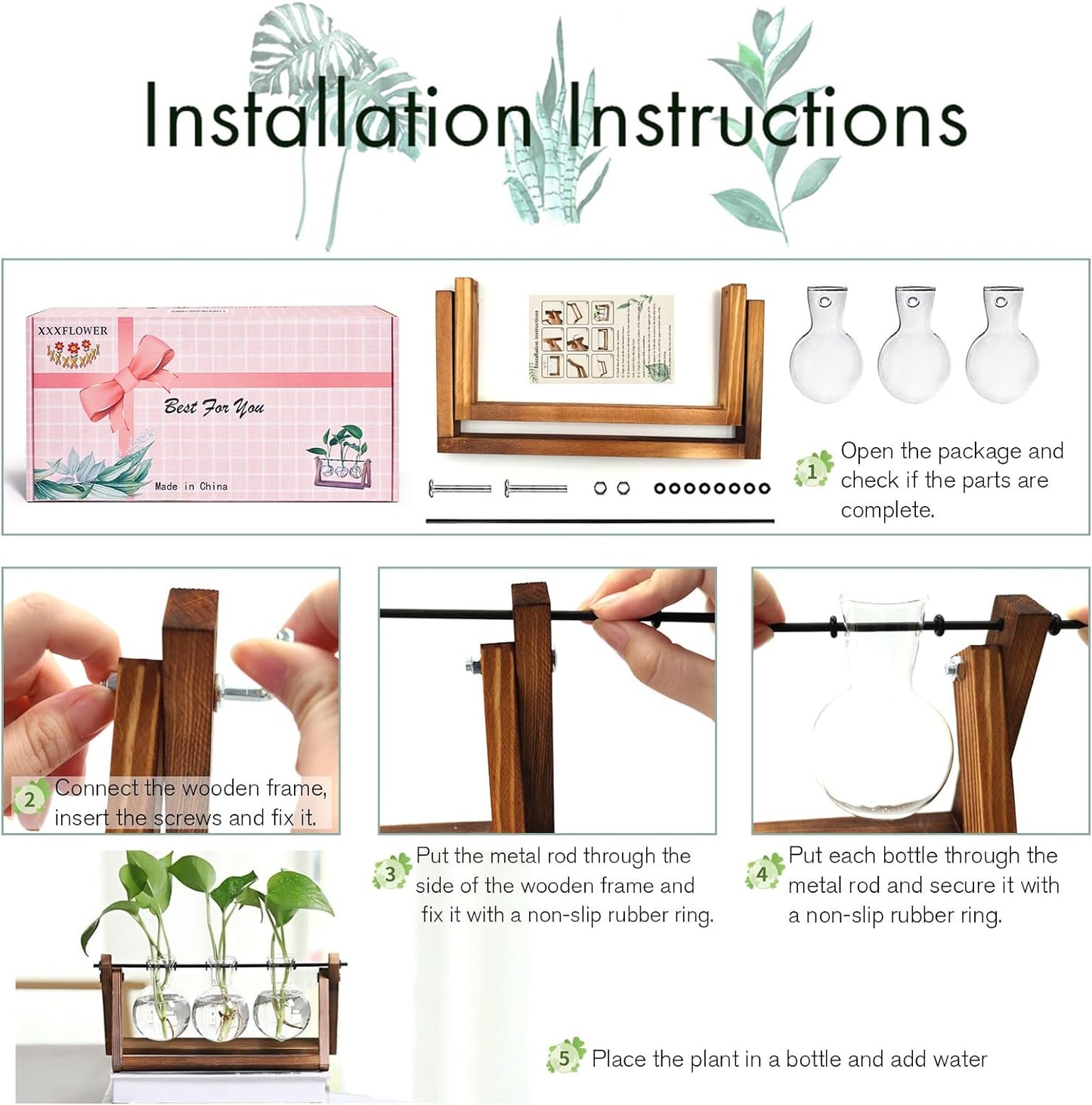 Elegant Plant Terrarium with Wooden Stand - 3 Bulb Glass Vase for Hydroponics & Home Decor