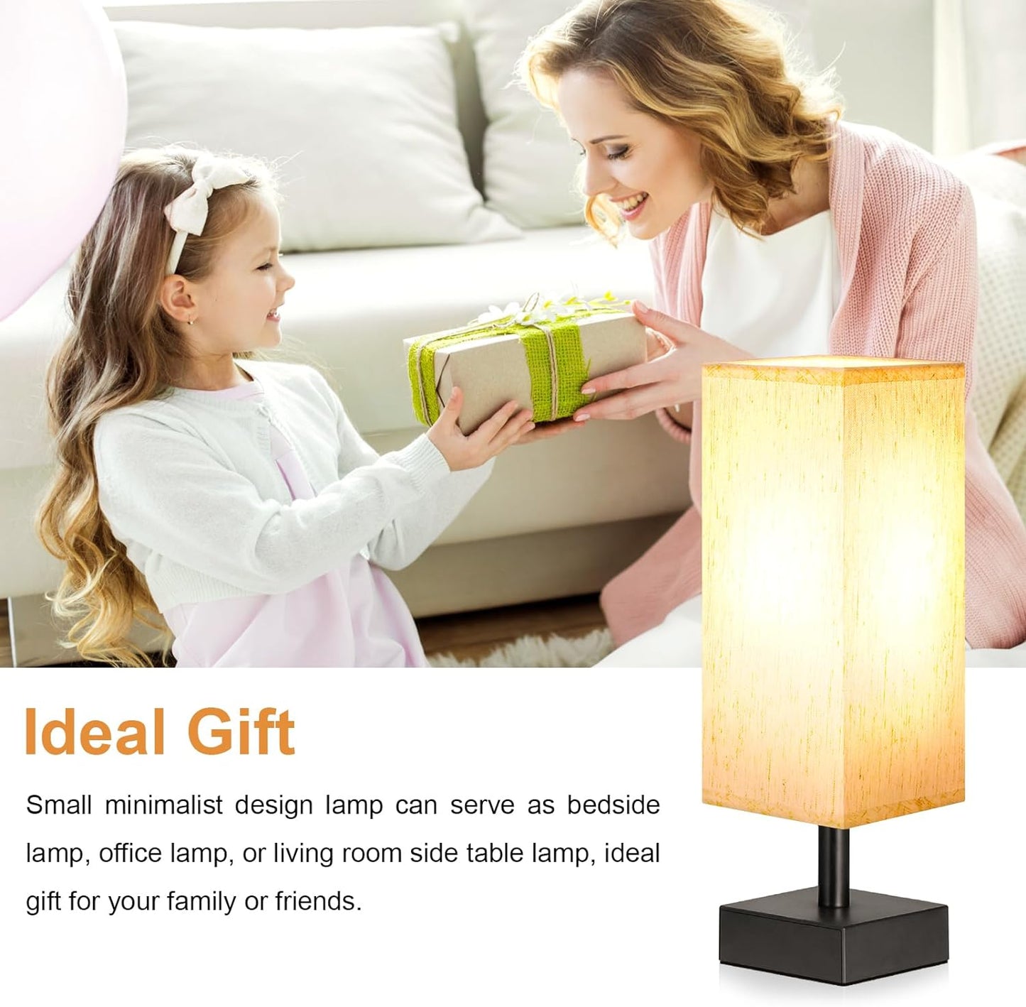 Minimalist Small Table Lamp - Stylish Bedside Light for Bedroom, Kids Room, and Office with Square Fabric Shade