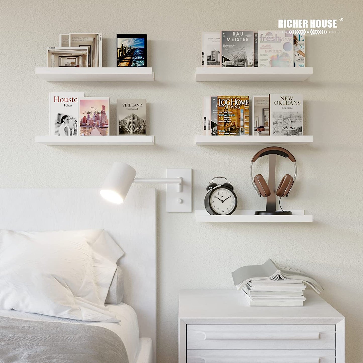 5-Piece White Floating Shelves Set - Stylish Wall-Mounted Picture Ledge for Nursery, Bedroom, Living Room, and Bathroom Decor
