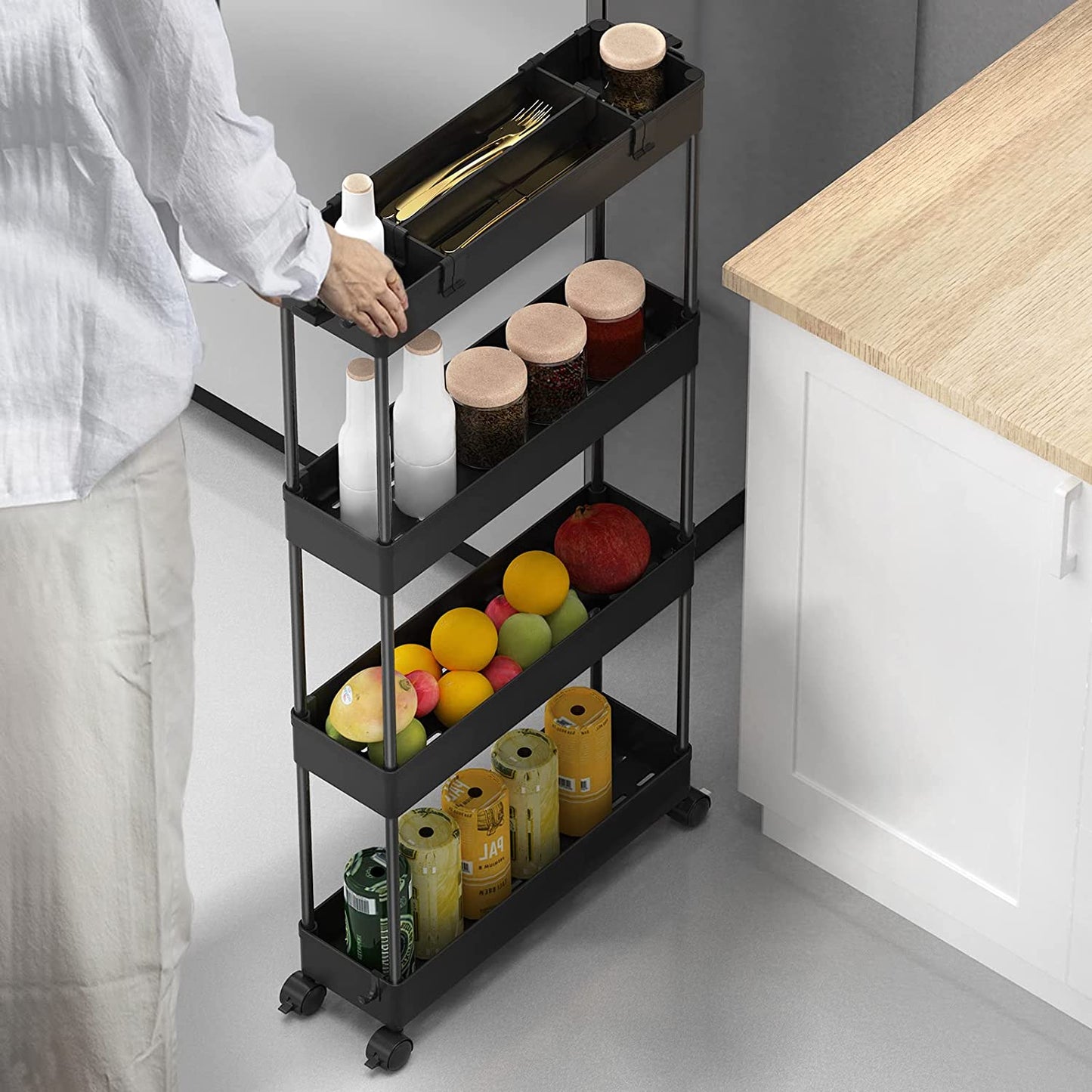 4-Tier Slim Storage Cart - Versatile Rolling Organizer for Bathroom, Kitchen, Office & Laundry Room - Perfect for Narrow Spaces - Sleek Black Design