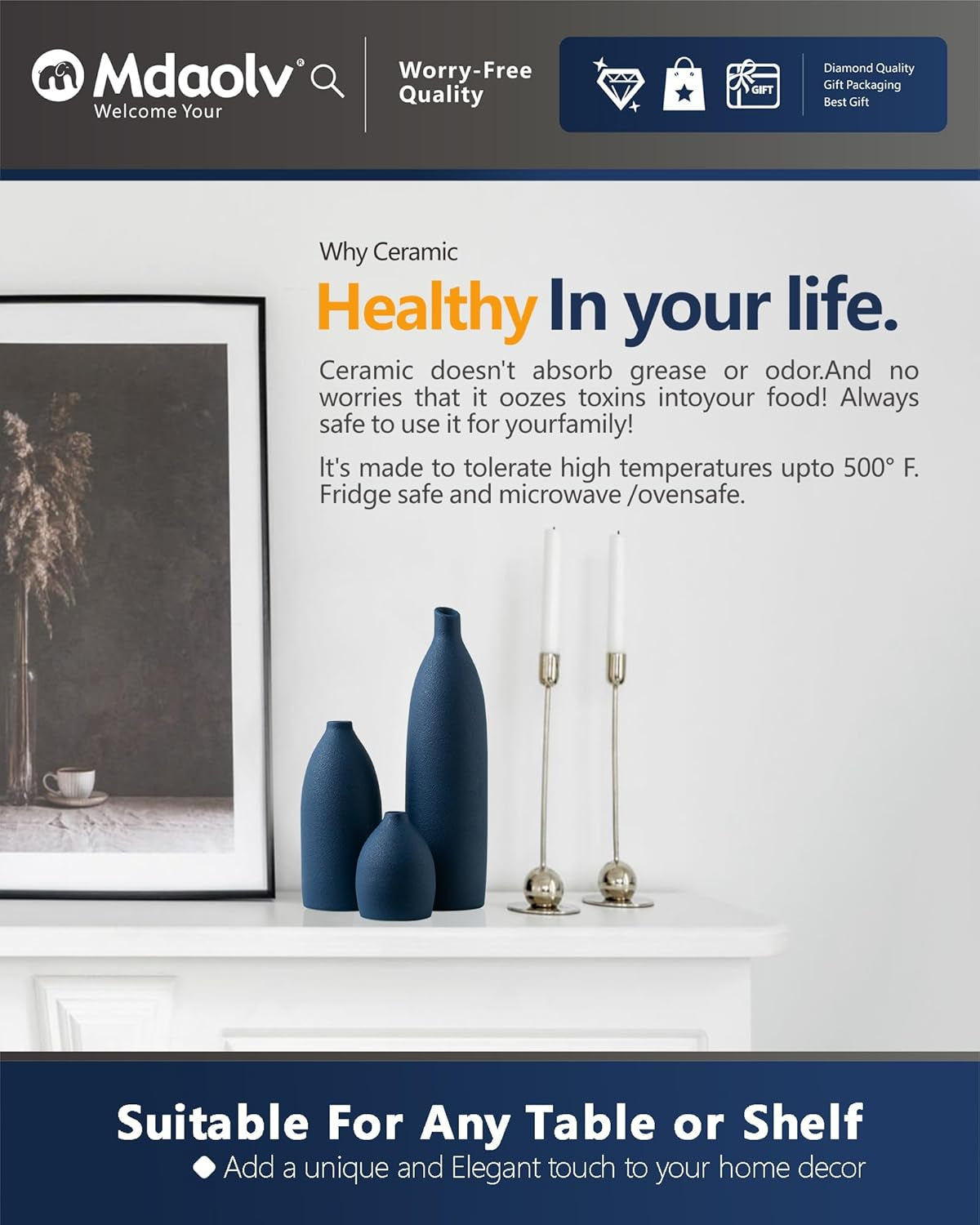 Elegant Matte Blue Vase Set - Coastal Decor for Kitchen, Living Room, Office, and Bathroom Centerpieces - Stylish Ceramic Vases for Table and Mantle Decorations