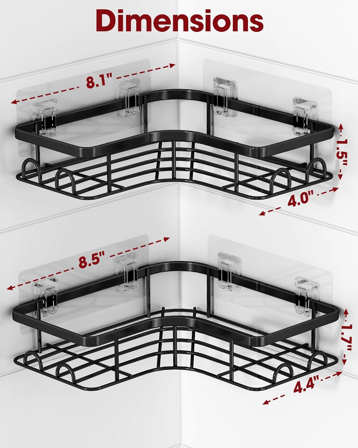 Space-Saving Corner Shower Caddy - 2 Pack, Rustproof Stainless Steel Shelves with 8 Hooks, No Drilling Bathroom Organizers in Black