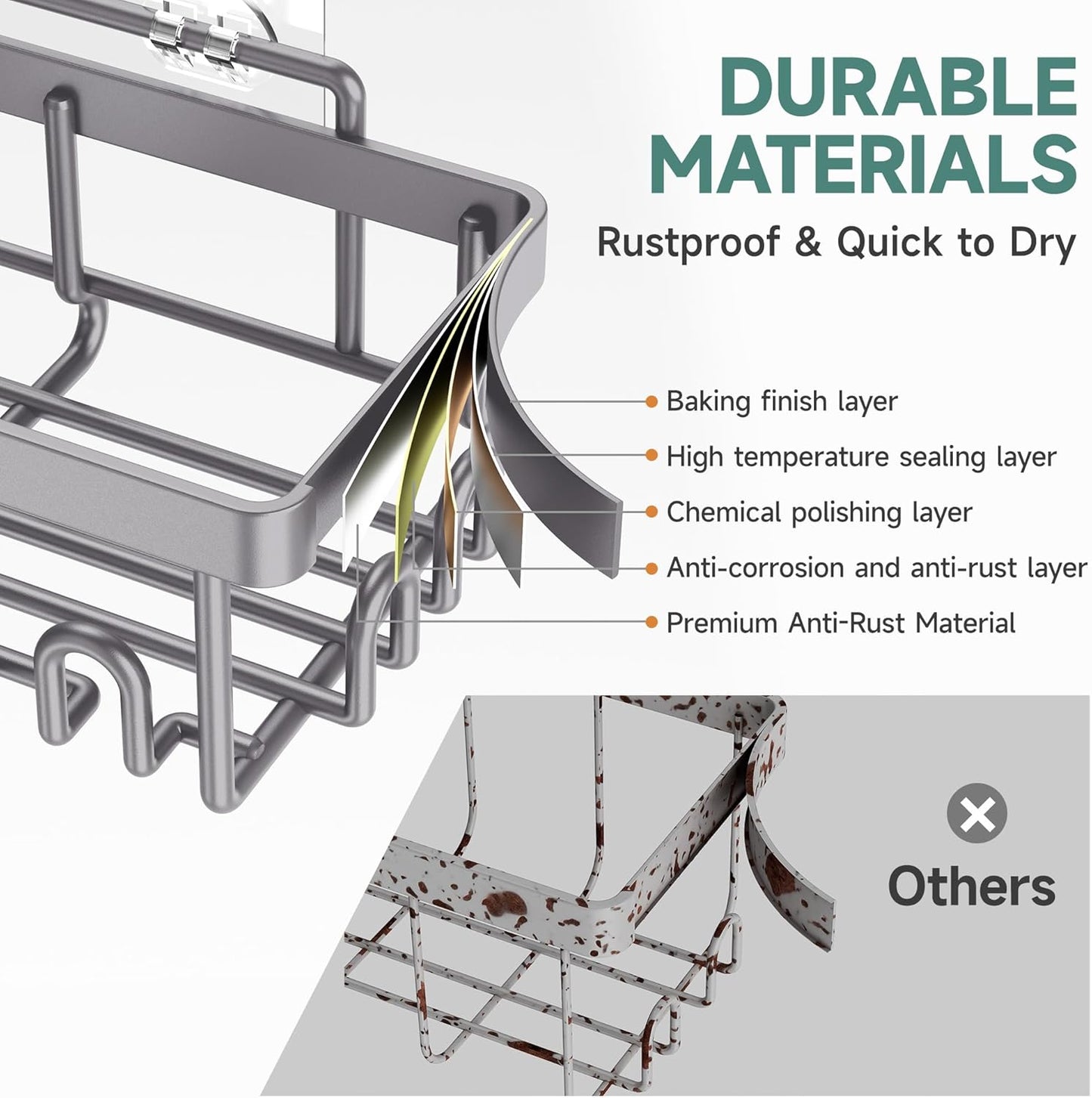 6-Pack Rustproof & Waterproof Shower Caddy - No-Drill Adhesive Shelves for Bathroom, Dorm & Apartment Organization - Stylish Light Grey Design
