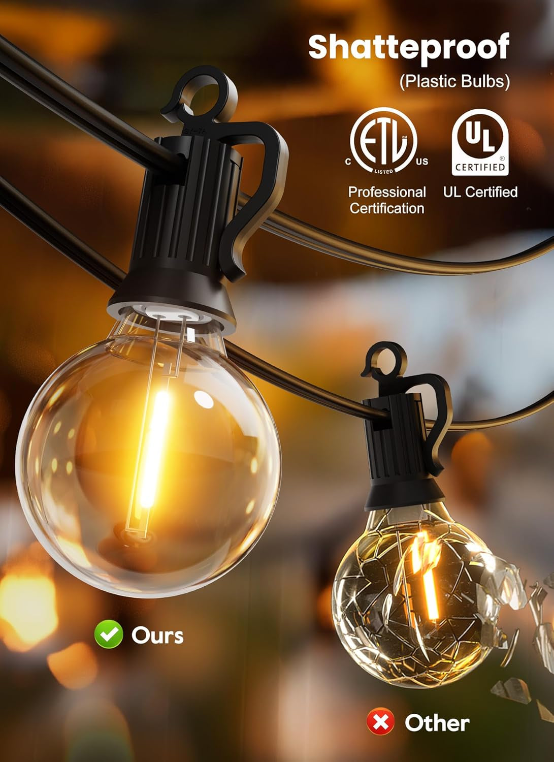 50 Ft Outdoor String Lights - Dimmable LED Patio Lights with Weatherproof G40 Globe Bulbs for Backyard and Porch Decor (25 Bulbs)