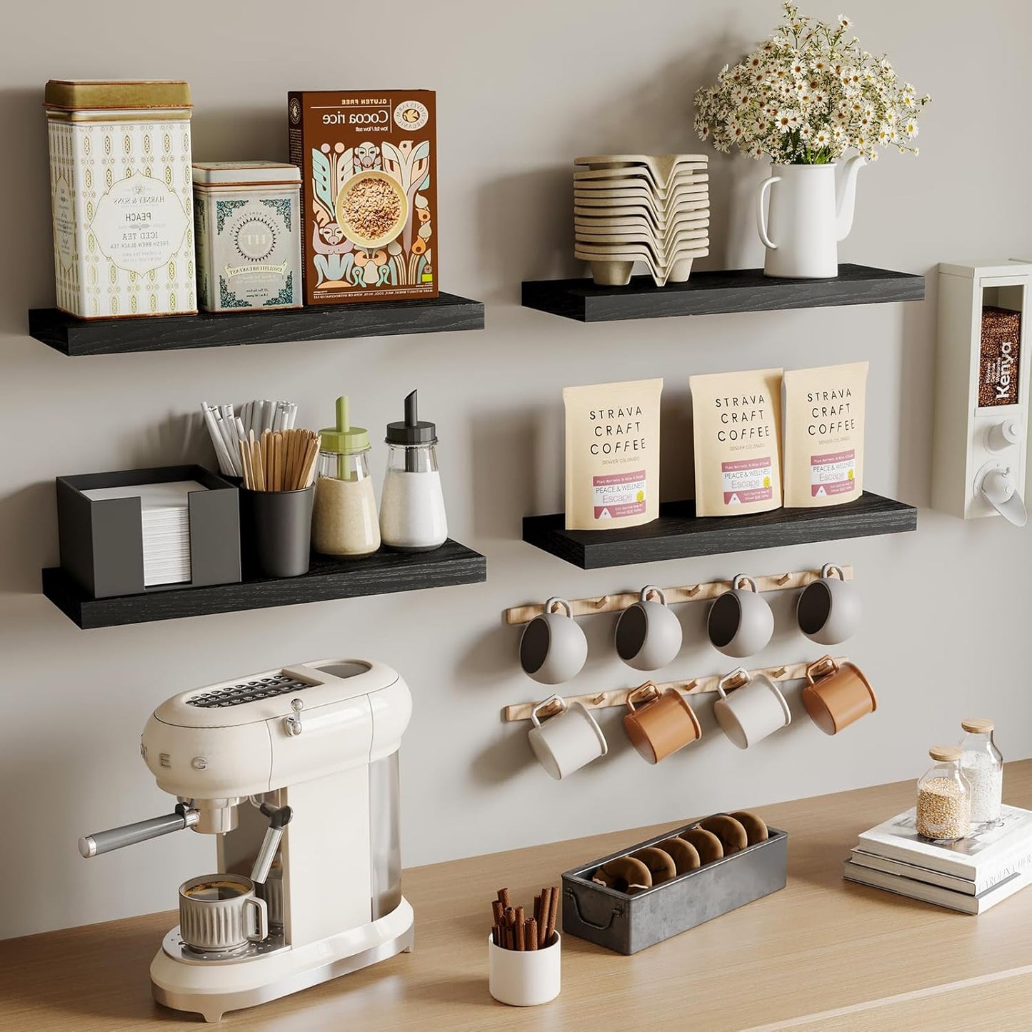 Stylish Rustic Floating Shelves - Set of 4 Black Wall-Mounted Wood Shelves for Home Decor, Storage, and Organization (15.8 Inch)