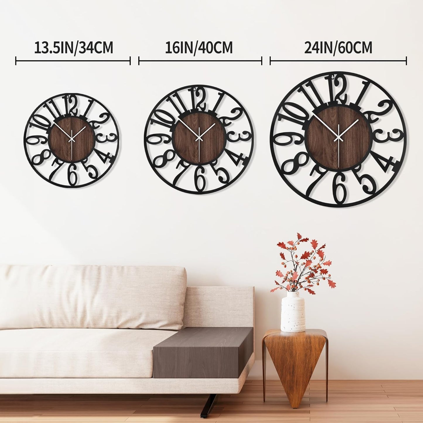 Elegant 13" Silent Non-Ticking Wall Clock - Antique Black Metal & Wood Design for Living Room, Bedroom, Kitchen, and Dining Room Decor with Arabic Numerals