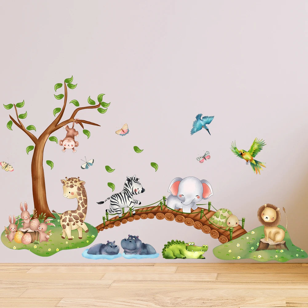 Cartoon Animal Elephant Zebra Giraffe Bridge Wall Sticker Waterproof PVC Children'S Room Kindergarten Home Decoration