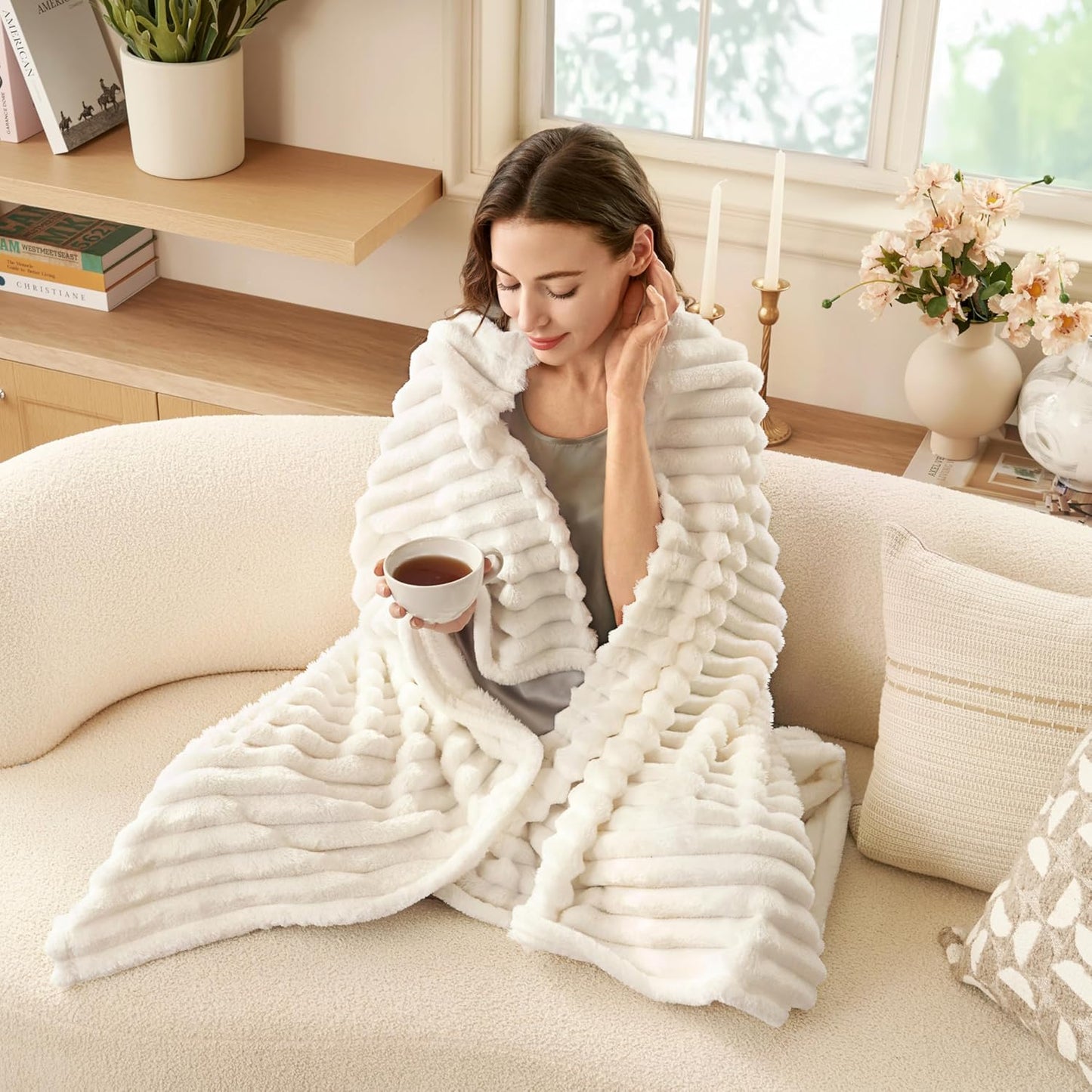Cozy White Throw Blanket - Soft Fleece 3D Ribbed Jacquard, Perfect Birthday Gift for Women, Moms & Girls - Aesthetic Home Decor, 50x60 Inches